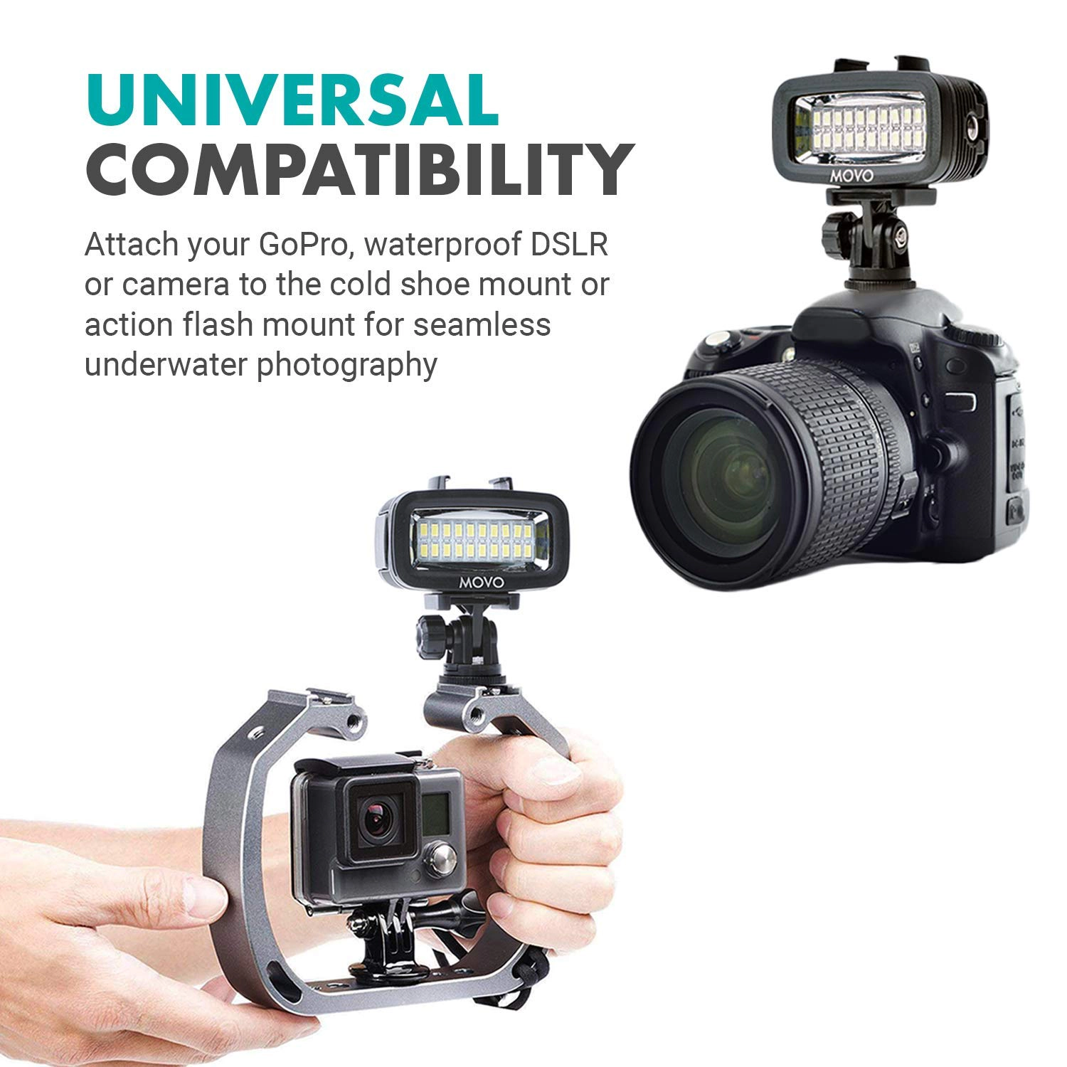 Movo LED-WP Underwater High-Power Rechargeable LED Video Light with Action Camera and Shoe Mounts, Compatible