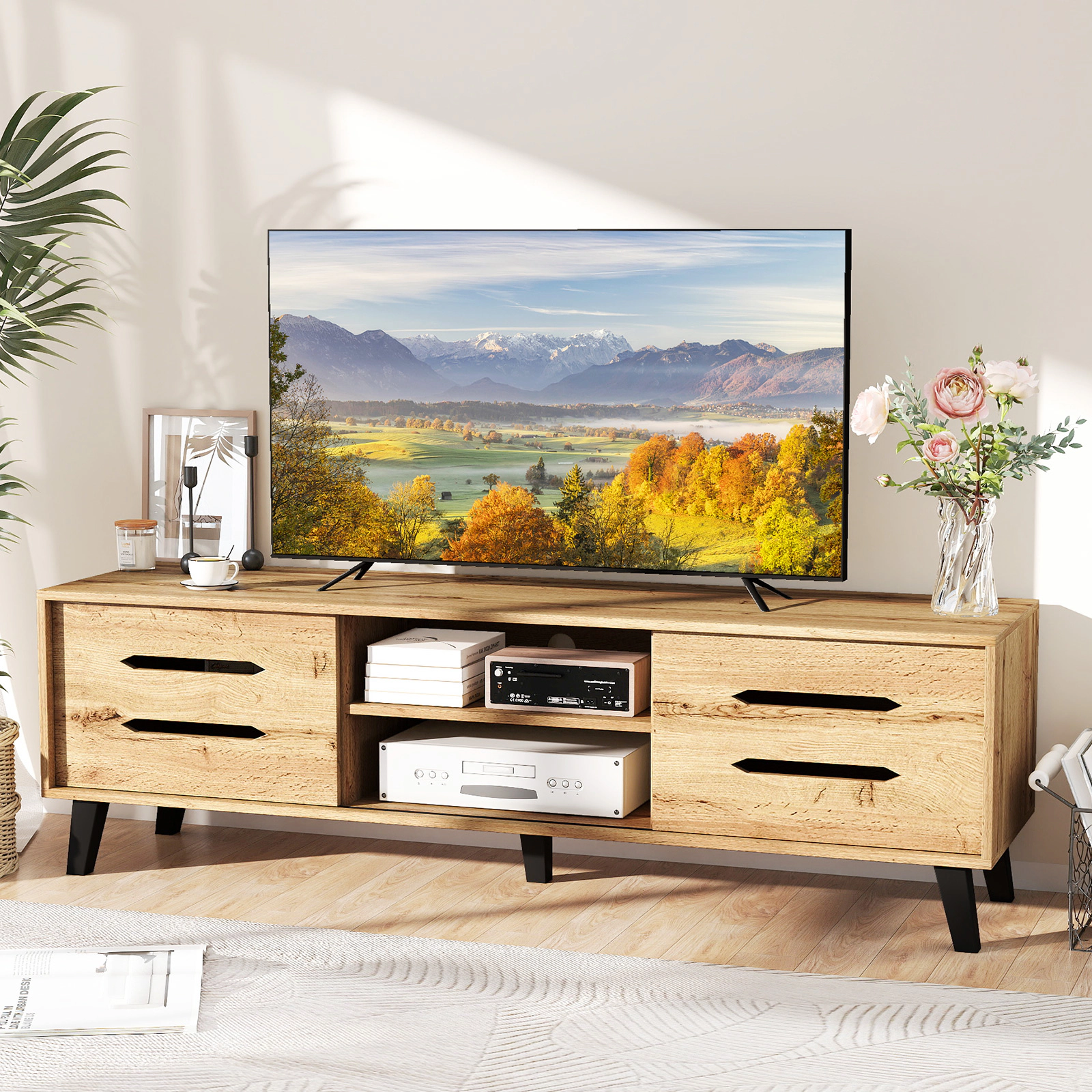 LJG Mid Century Modern TV Stand with Sliding Doors and Cable Hole for 65 Inch TVs