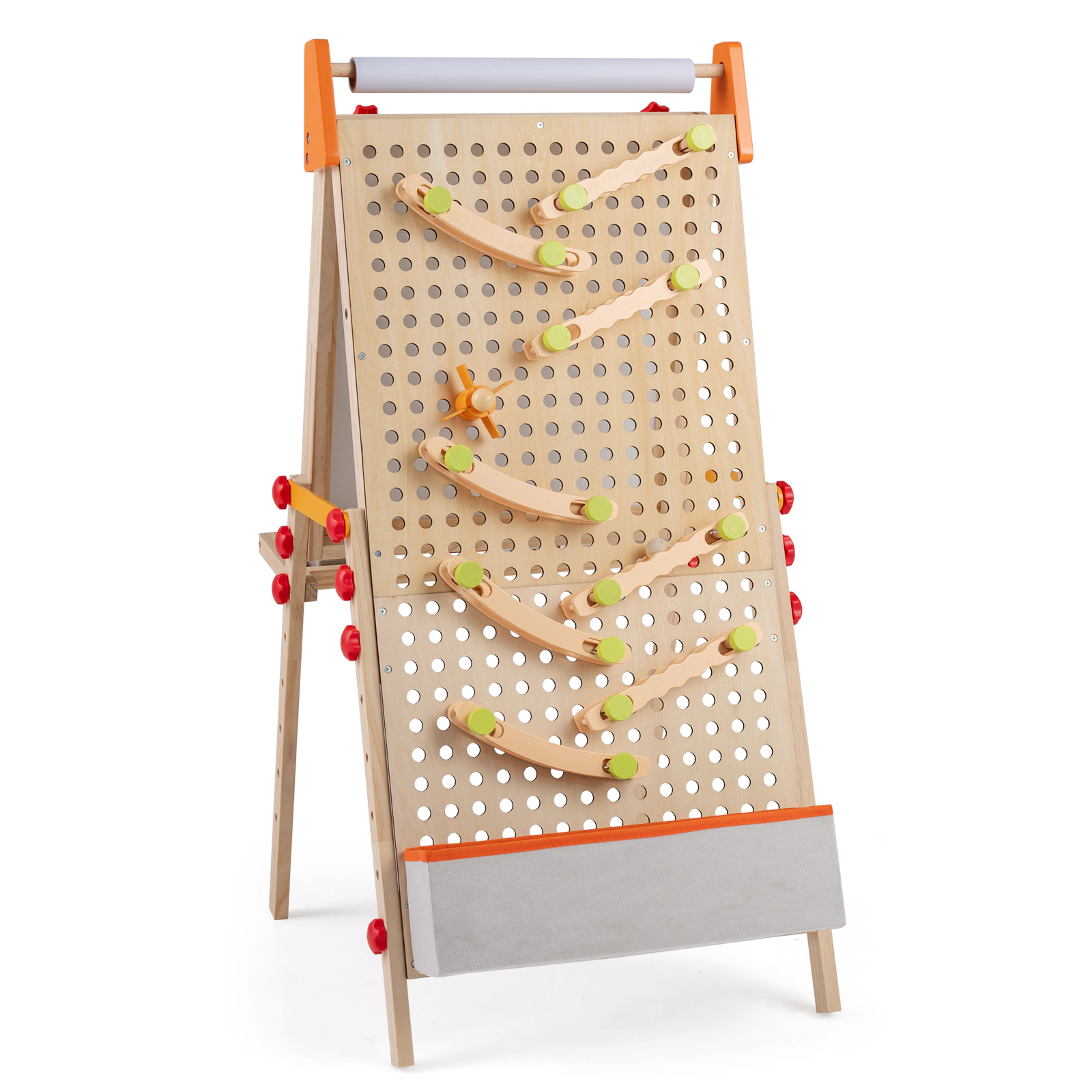 SUGIFT 4-in-1 Wooden Kids Art Easel Double-Sided Foldable with Paper Roll Storage Tray and Marble Run Ages 3+ Natural