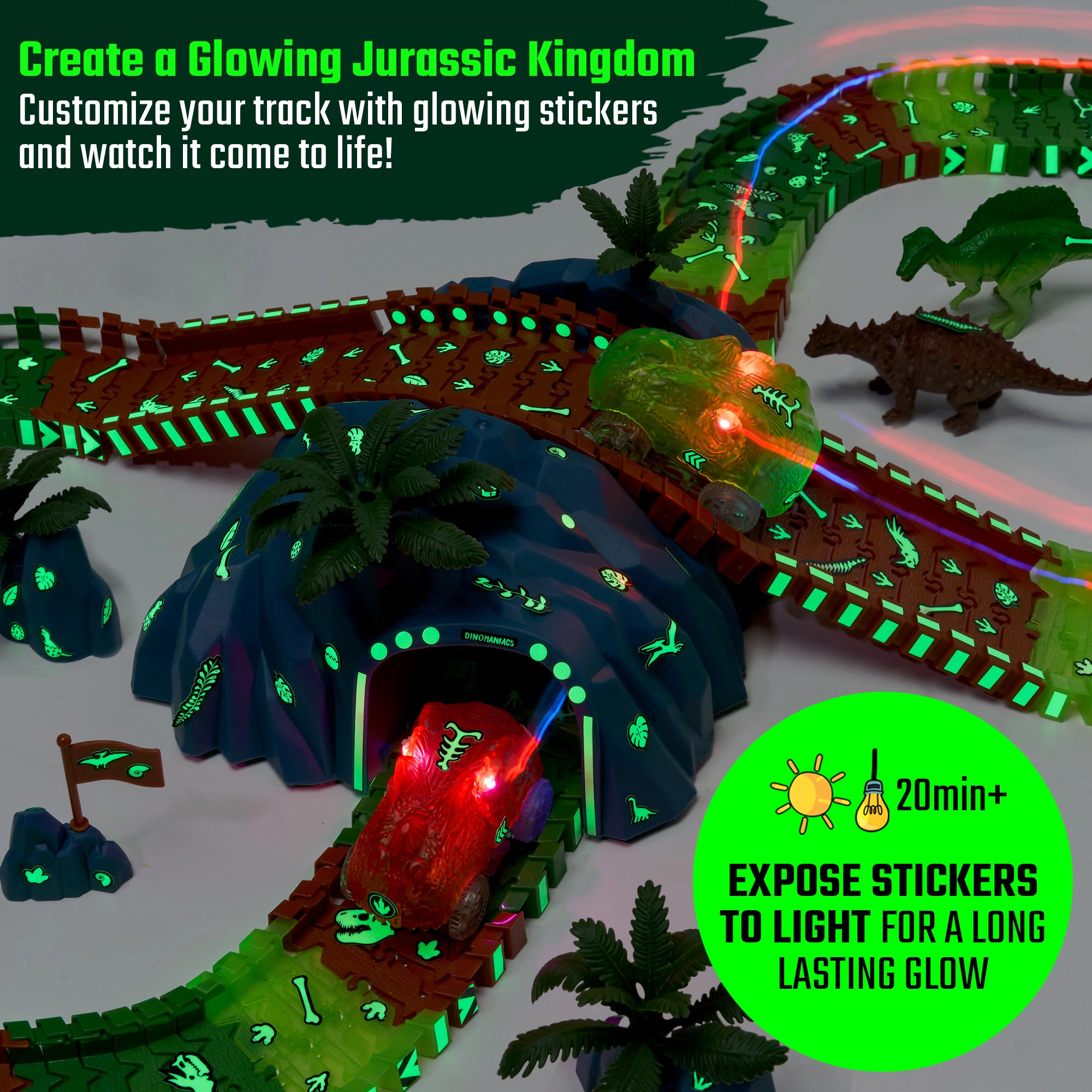 JitteryGit Kids Dino Track Forest Glow-in-the-Dark Race Set - 185-Piece Track with Loop & Dino Racers