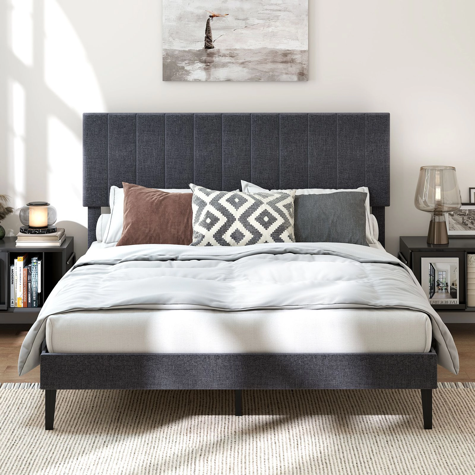SlickBlue Upholstered Platform Bed Frame with Adjustable Headboard