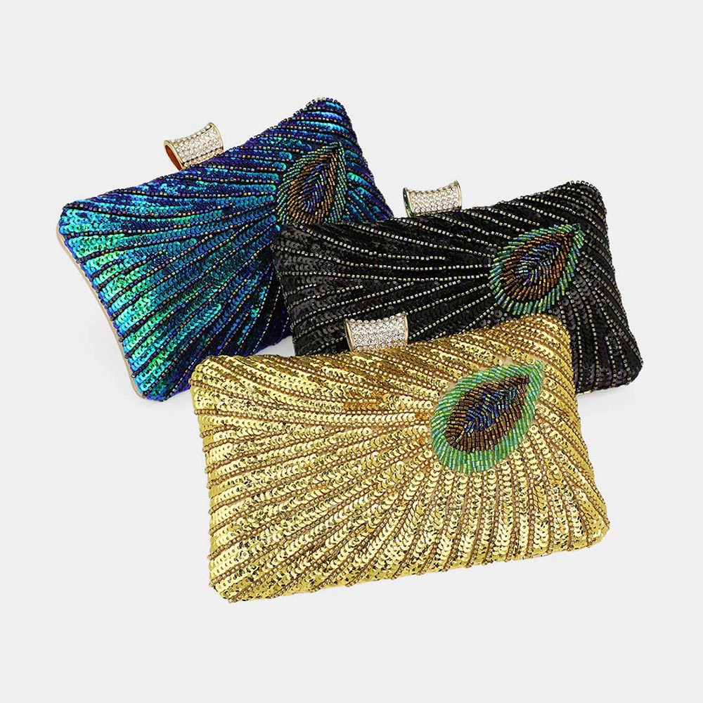 Fashnzfab 7.25" X 5.25" X 2" Beaded Sequin Peacock Clutch Evening Bag Crossbody Bag