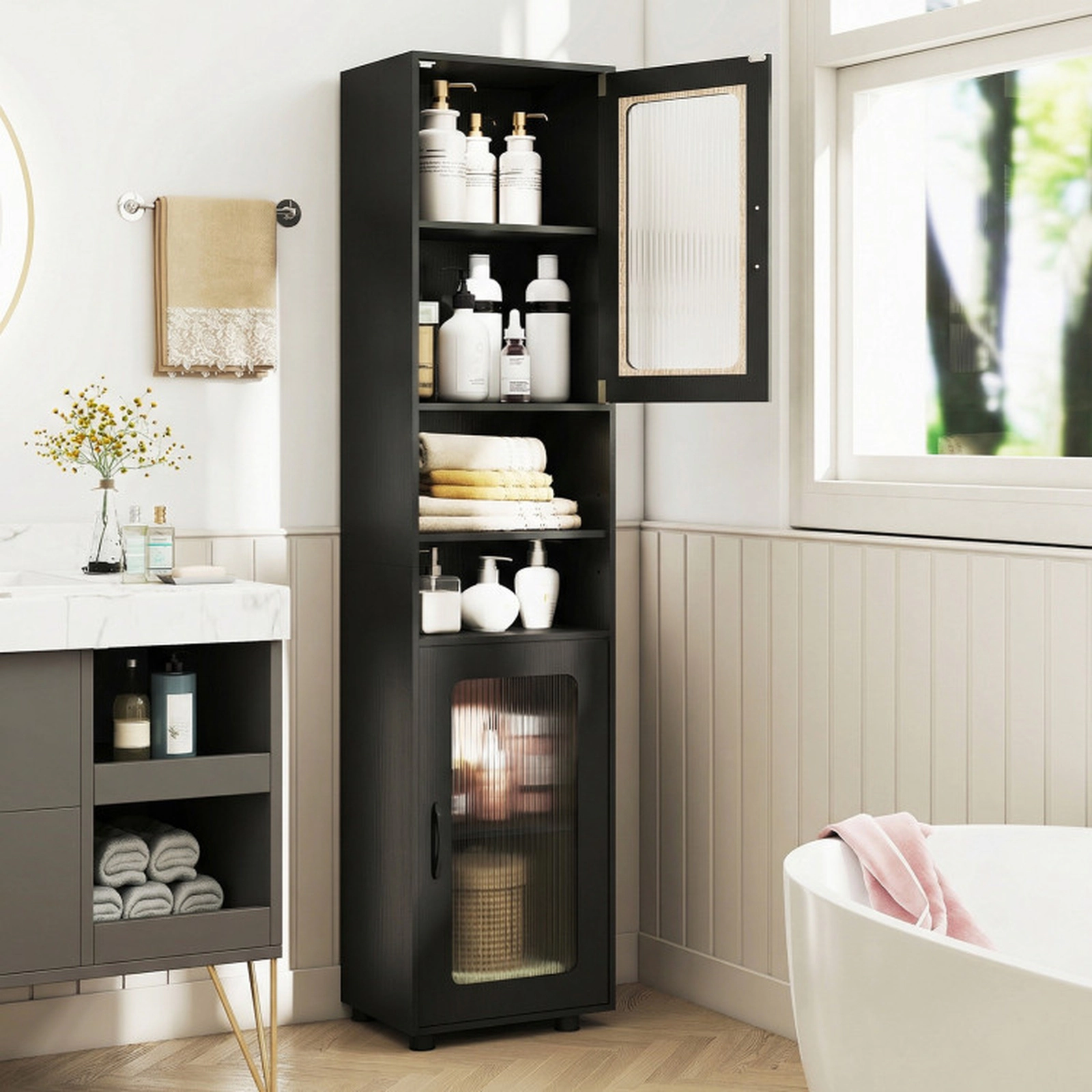 SUGIFT Tall Freestanding Bathroom Storage Cabinet 67-in Organizer 155-lb Capacity Black