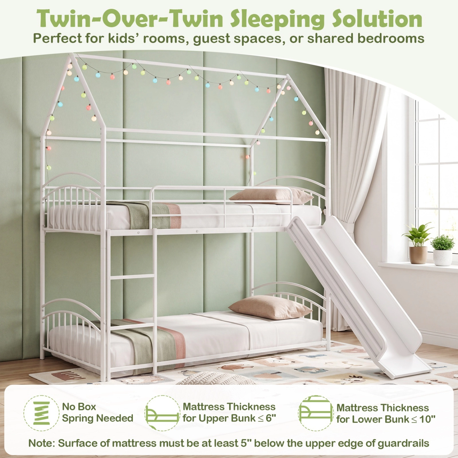 SUGIFT Twin-Over-Twin Metal House Bunk Bed with Slide and Ladder, Black and White