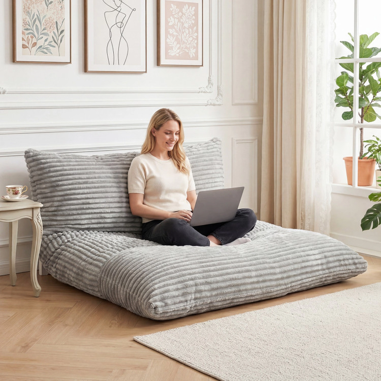 SUGIFT Convertible Bean Bag Floor Sofa and Bed Accent Chair with Machine-Washable Corduroy Cover 76.5-in Long Gray