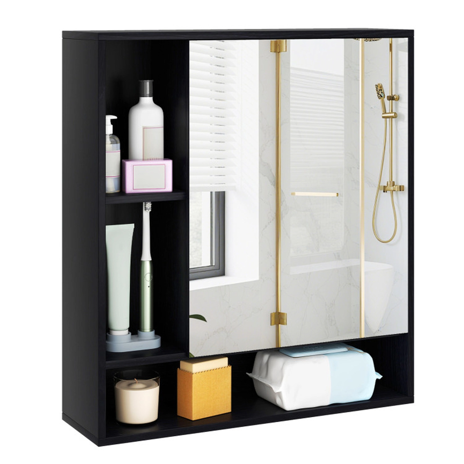 SUGIFT Black 176-lb Capacity Wall Mounted Bathroom Mirror Cabinet with Single Door and Open Shelves