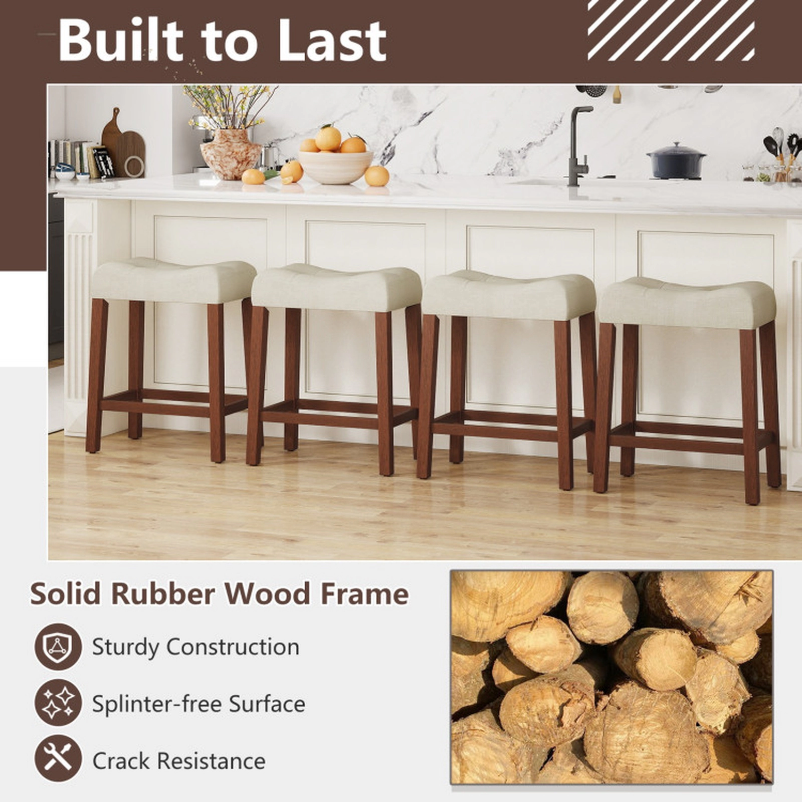 SUGIFT 4.5 Padded Seat and Wood Frame Set of 4 Counter Height Saddle Stools