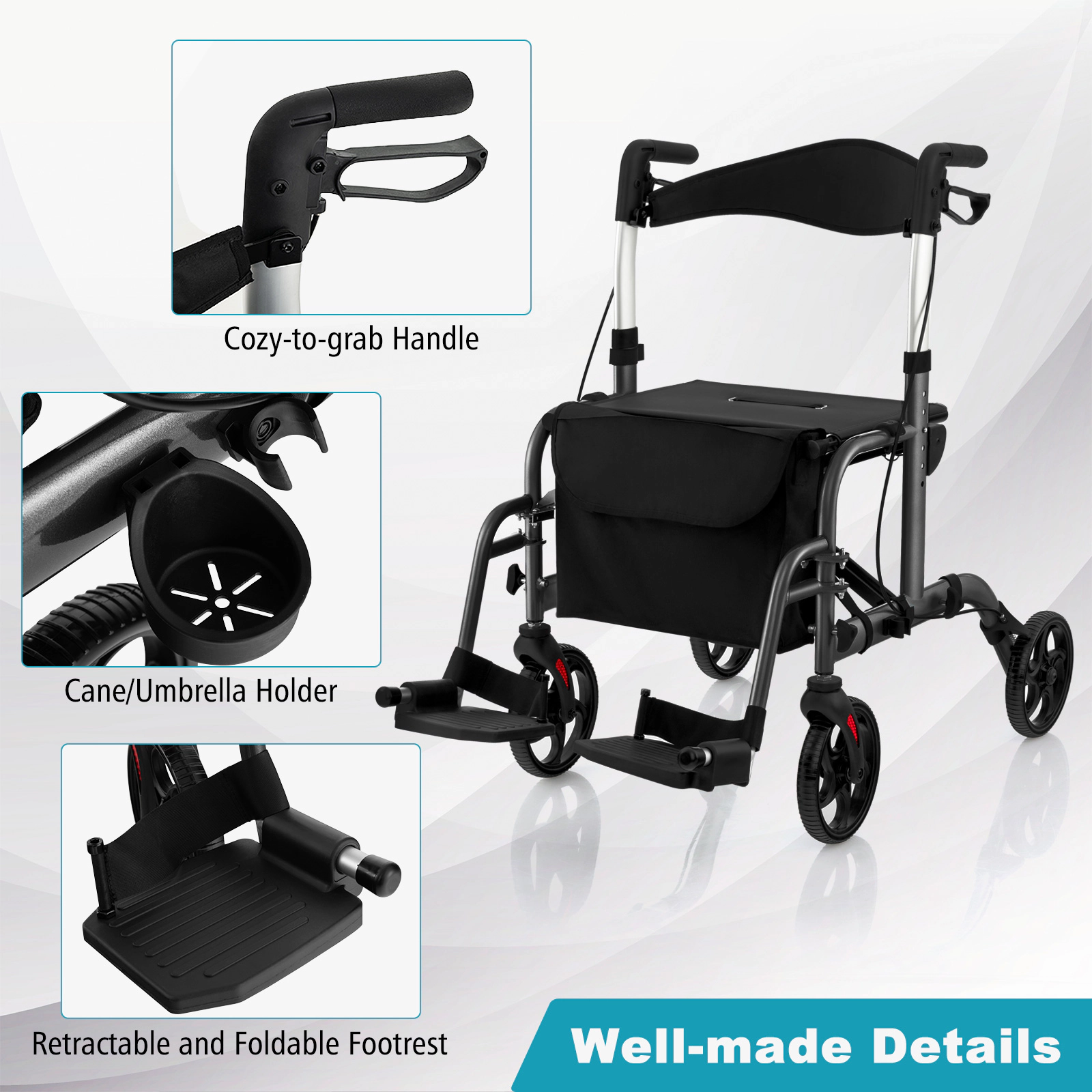 SUGIFT Black 2-in-1 Rollator Walker with Storage Bag and Reversible Backrest 26-in W 33-in D 300-lb Seat Capacity