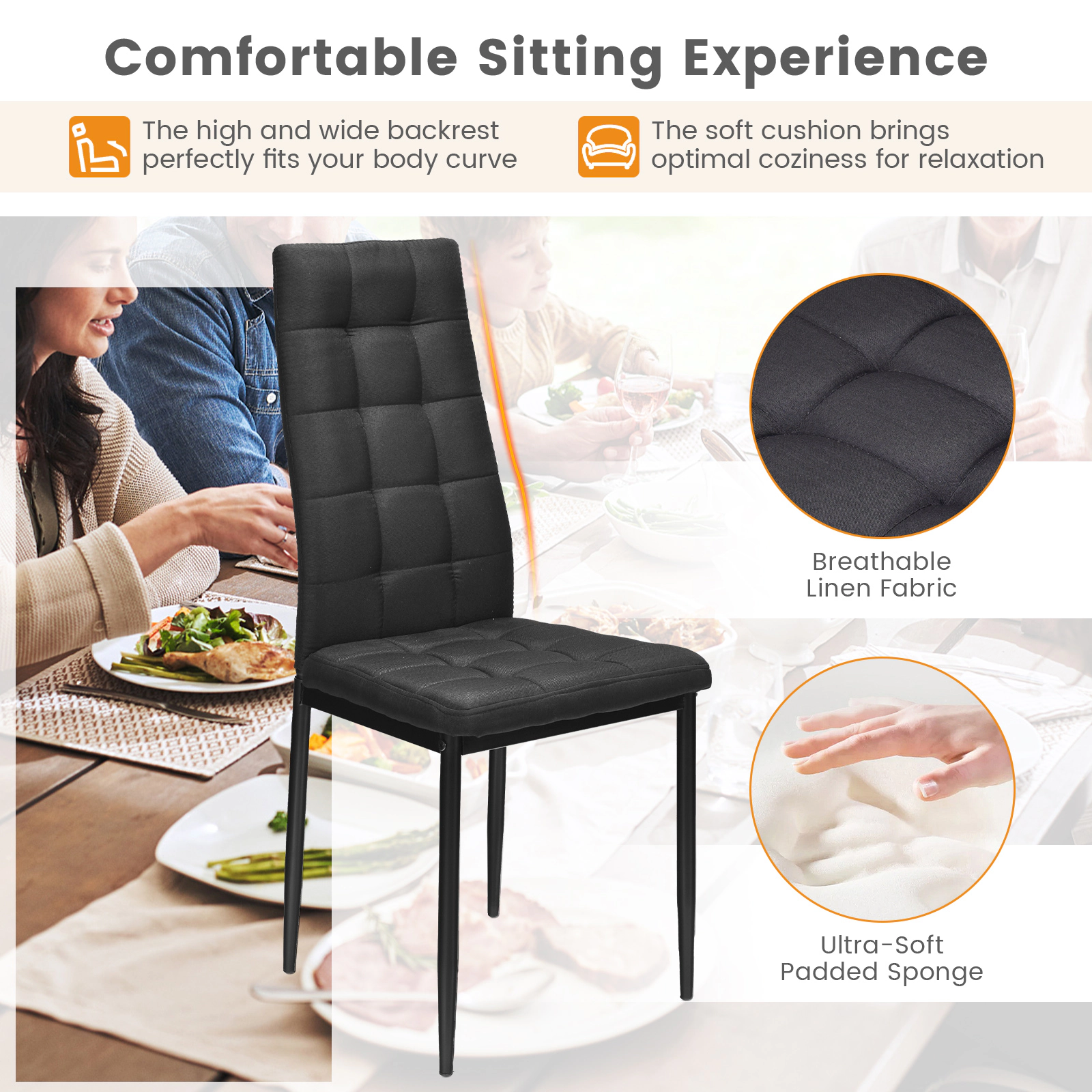 SUGIFT Black Fabric High Back Upholstered Cushion Metal Legs Set of 4 Dining Chairs