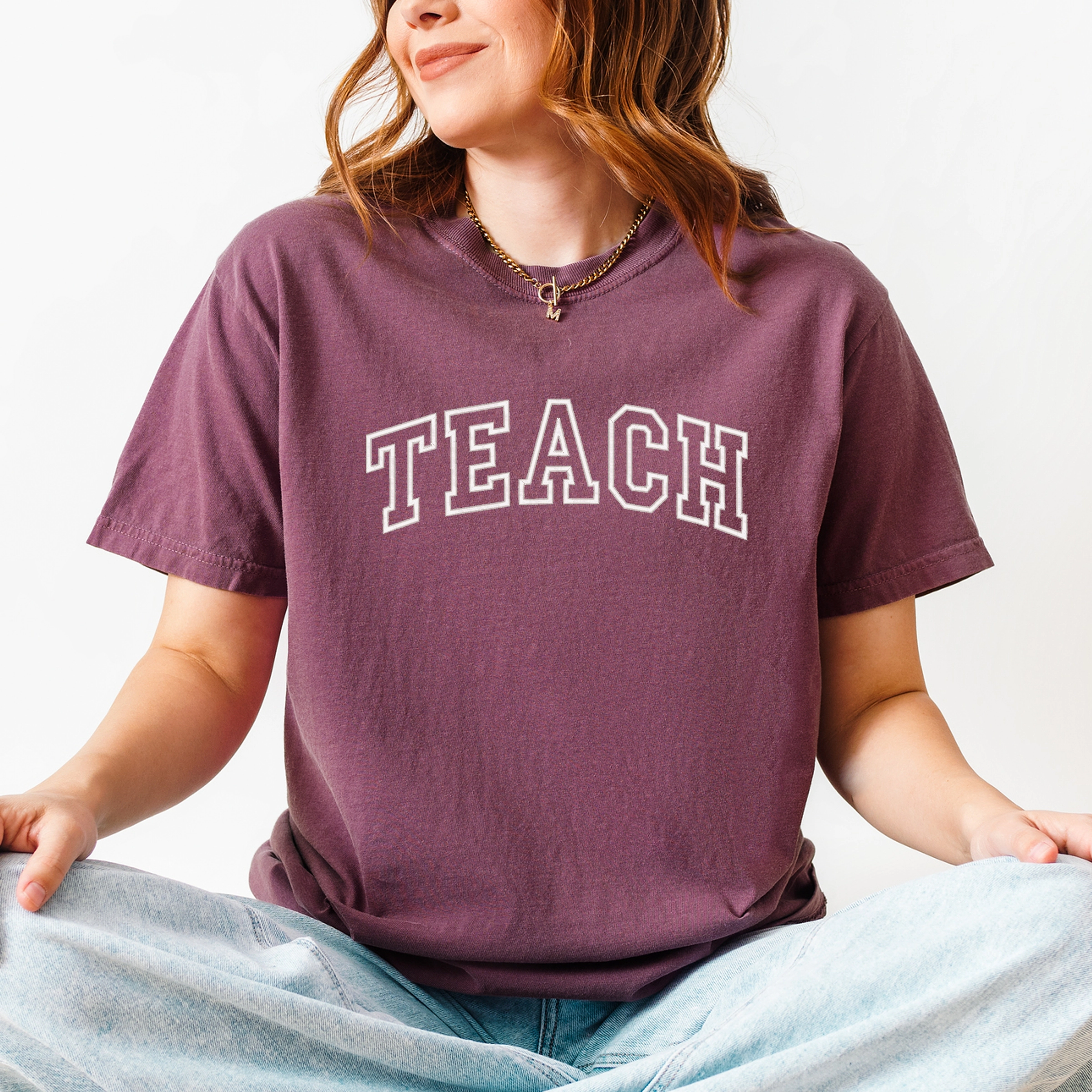 Simply Sage Market - Embroidered Teach Women's Garment Dyed Graphic T-Shirt