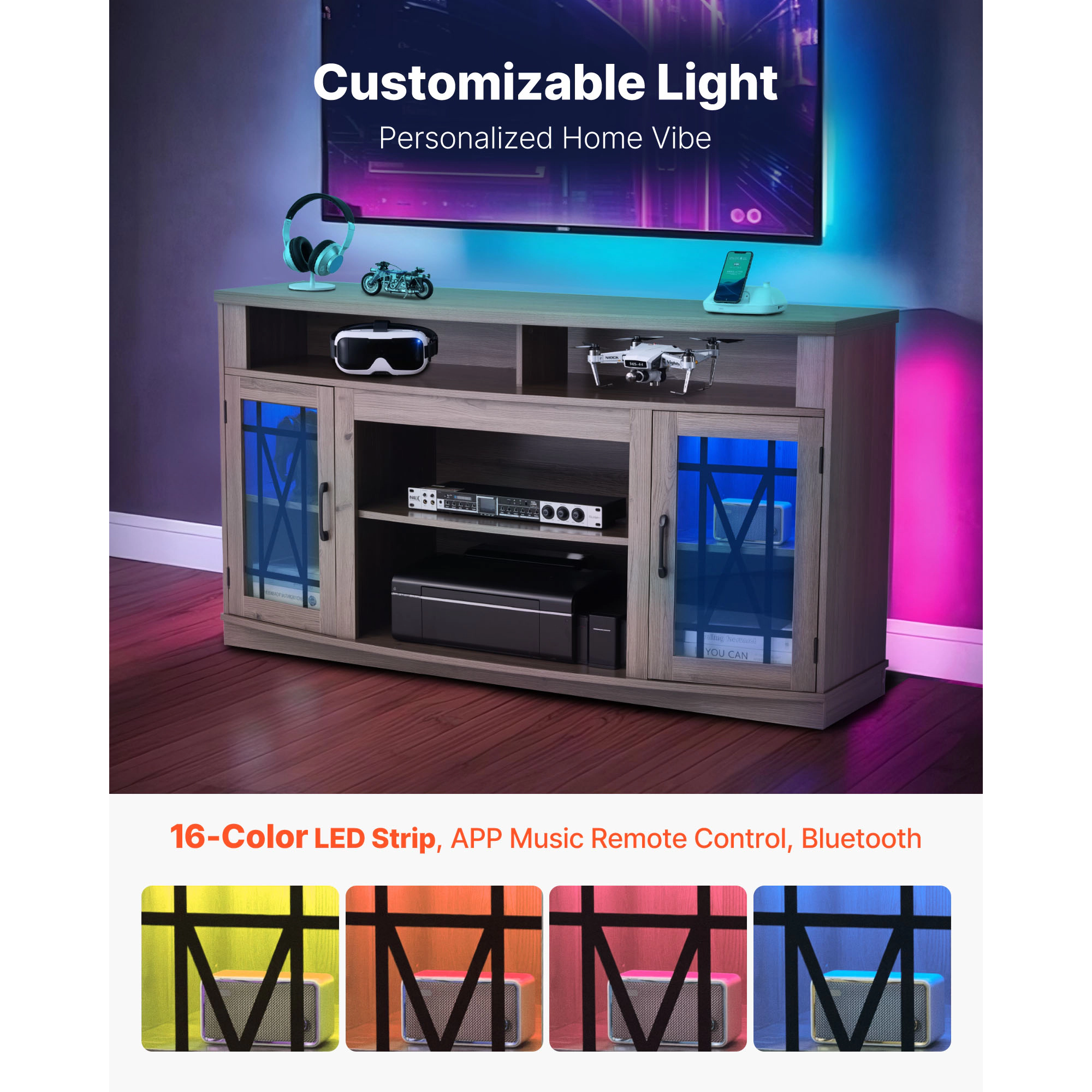 HONGGE TV Stand for TVs up to 65 Inch, Entertainment Center with Light Strip