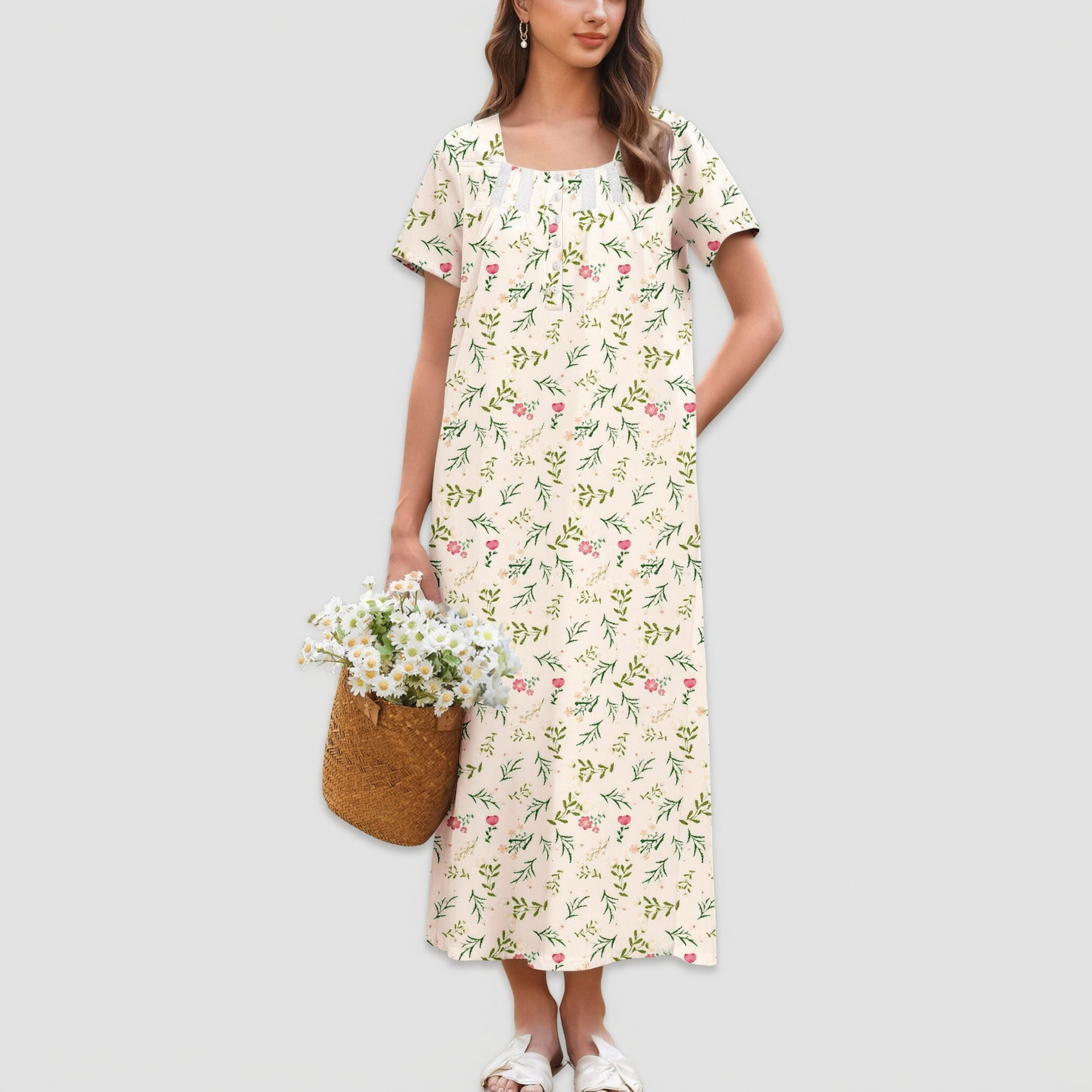 Ekouaer Women's Cotton Short-Sleeve Button-Front Lace-Trim Maxi Nightgown