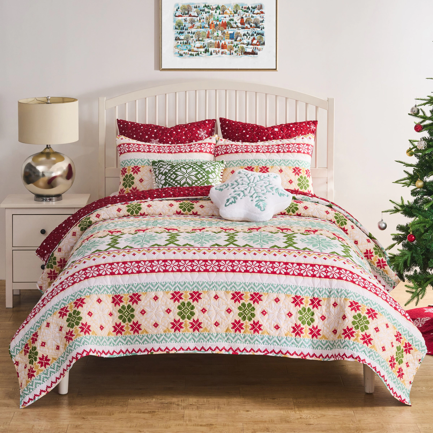 Greenland Home Fashion Fair 100% Cotton & Microfiber Back, Polyester Fill Isle Quilt Set 3-Piece Full/Queen Snow