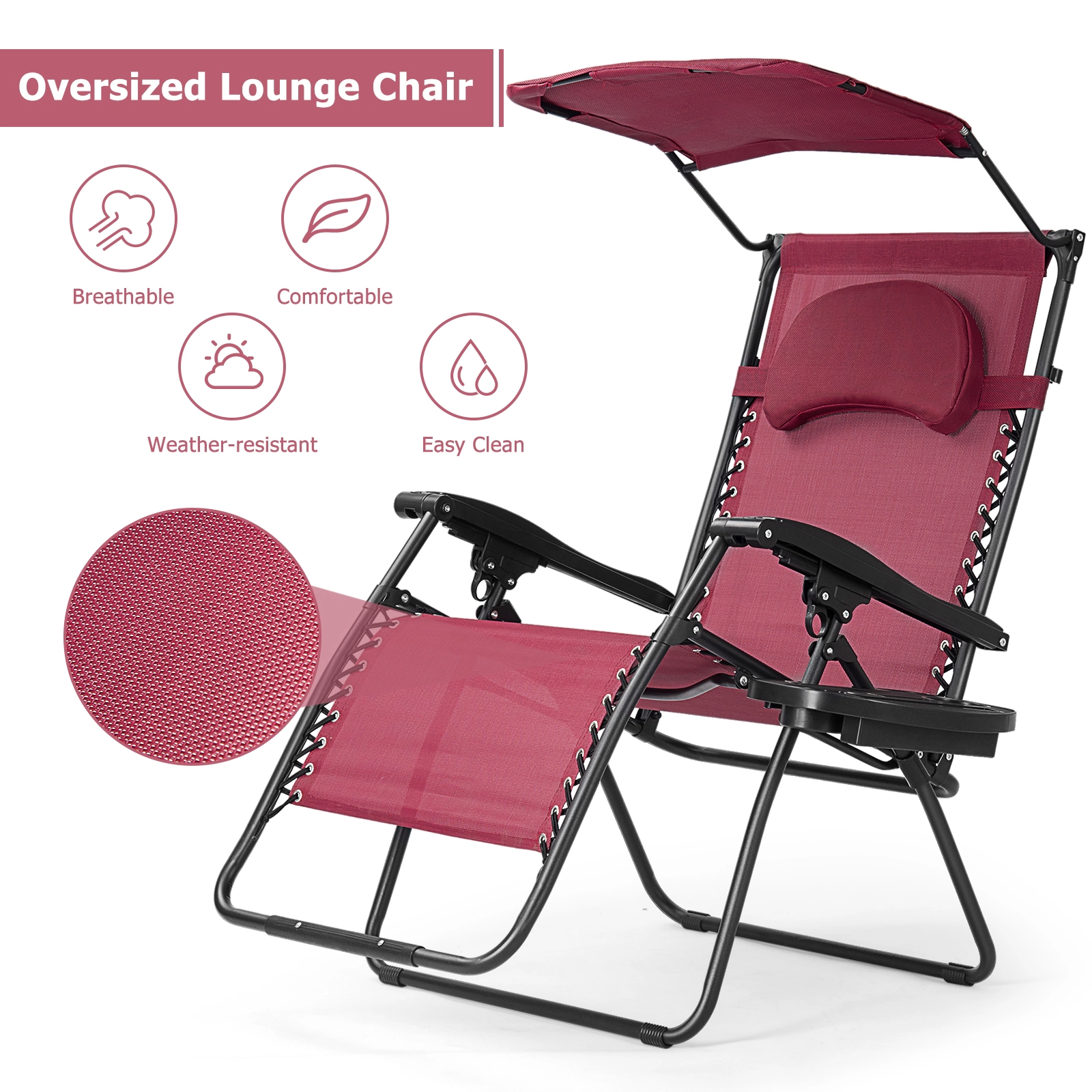 SUGIFT Folding Recliner Lounge Chair Adjustable Shade Canopy & Cup Holder 250-lb Capacity Dark Red Fabric Black Frame