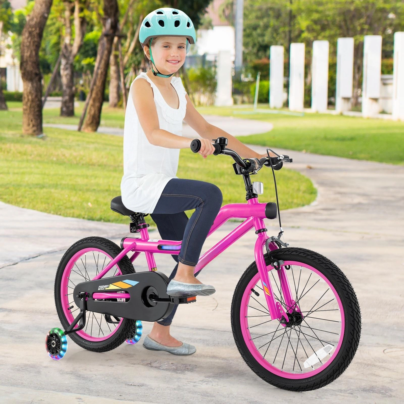 SUGIFT LED Lighted Kids Bicycle with Training Wheels & Headlight 145-lb Capacity Ages 4-8 Pink 18-in Wheels 52.5-in Long