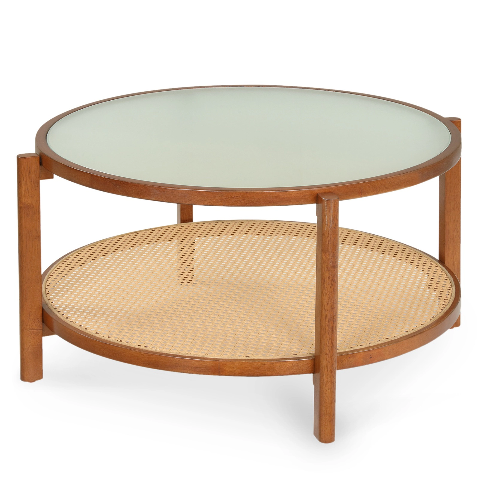 SUGIFT 2-Tier Round Frosted Glass Top PE Rattan Shelf Coffee Table 35-in x 35-in x 18-in 110-lb Capacity Walnut