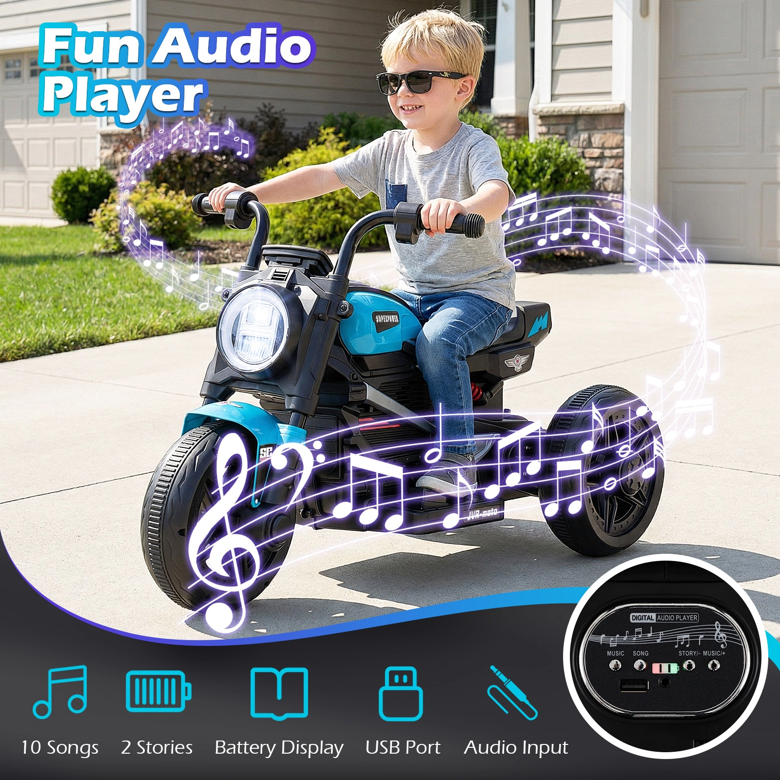 SUGIFT Blue LED Headlight and Music for Ages 3-5 6V Kids Electric Motorcycle