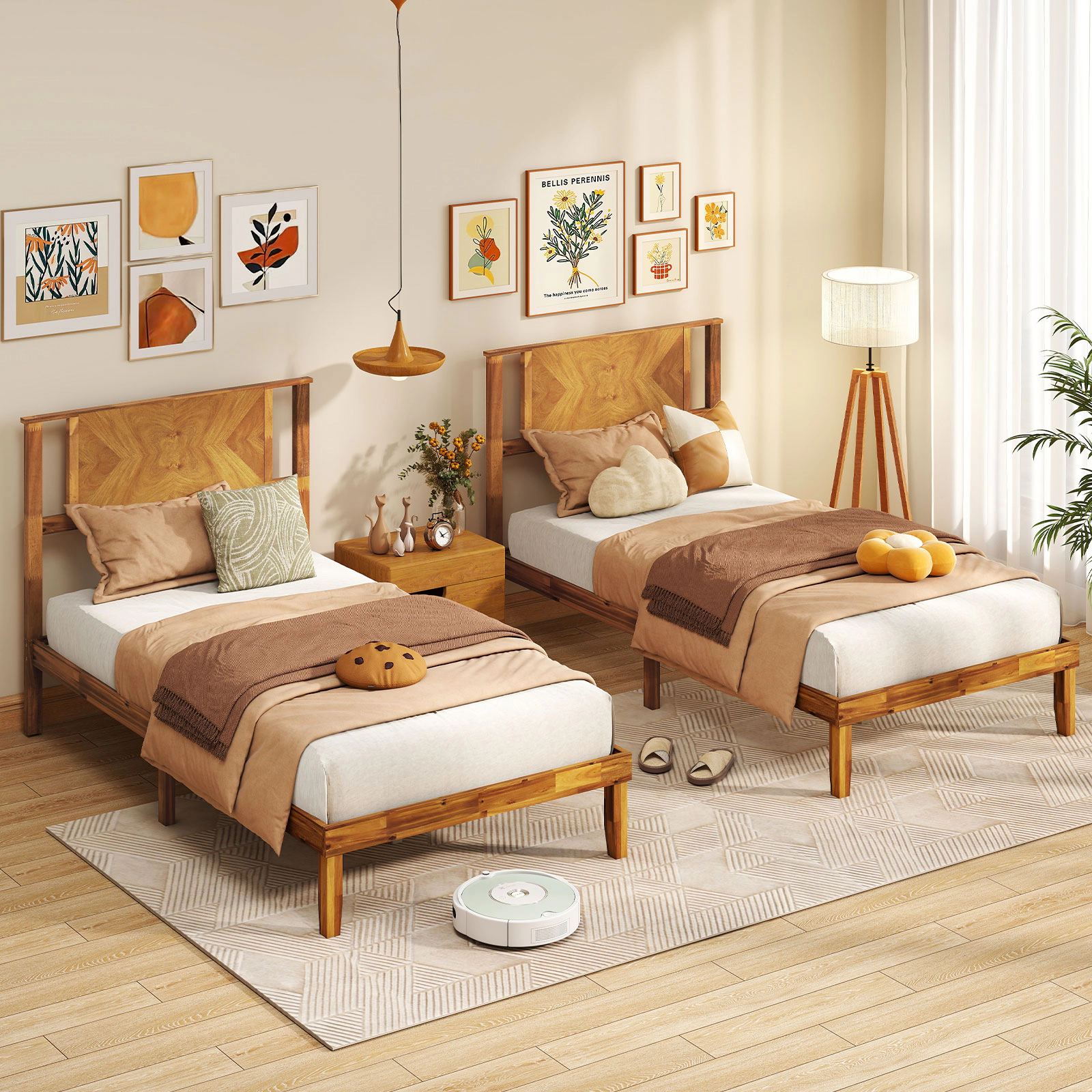 SUGIFT Twin Acacia Wood Platform Bed Frame with Mid-Century Headboard