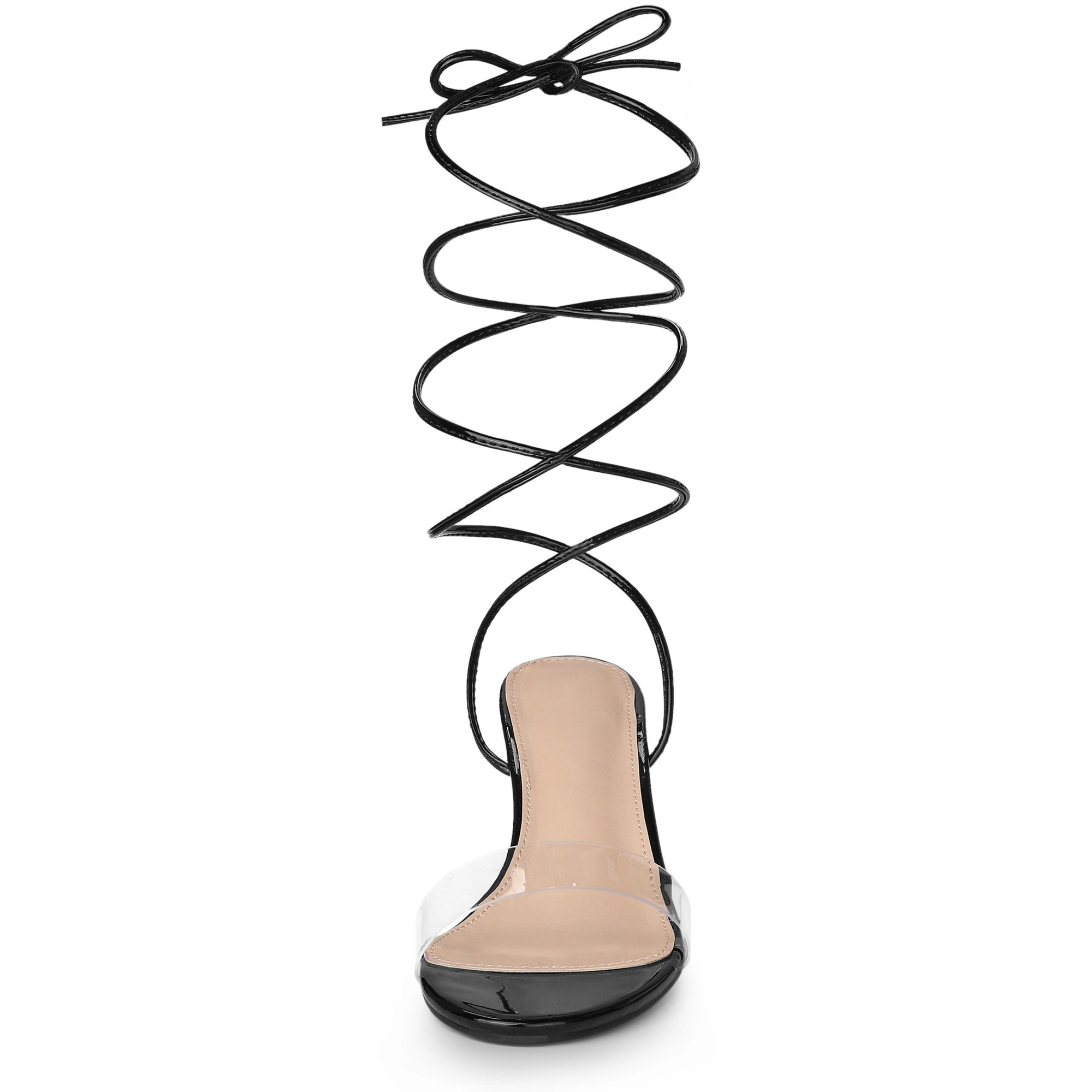 BLISSFUL STEP Women's Clear Strap Lace Up Stiletto Heel Sandals