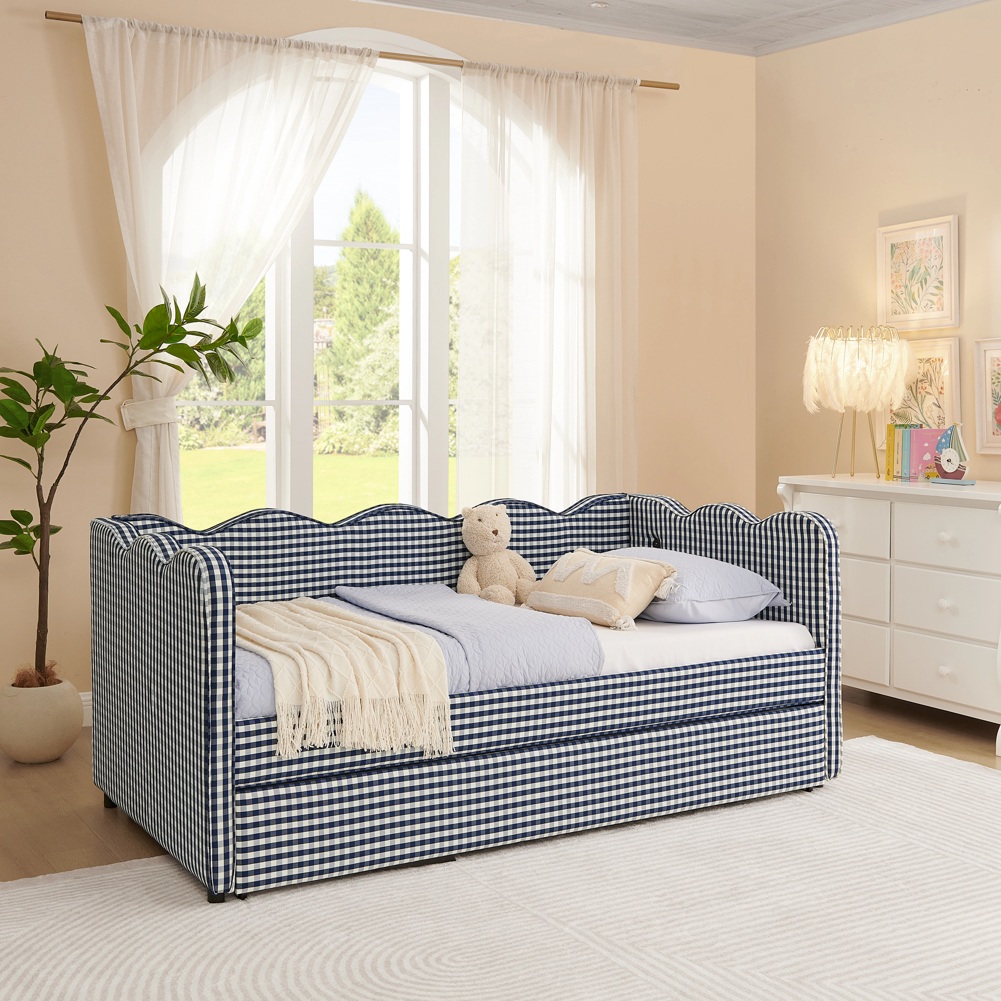 Flynama Gingham Daybed with Twin Trundle, USB Port, Wave Design, Linen, Navy
