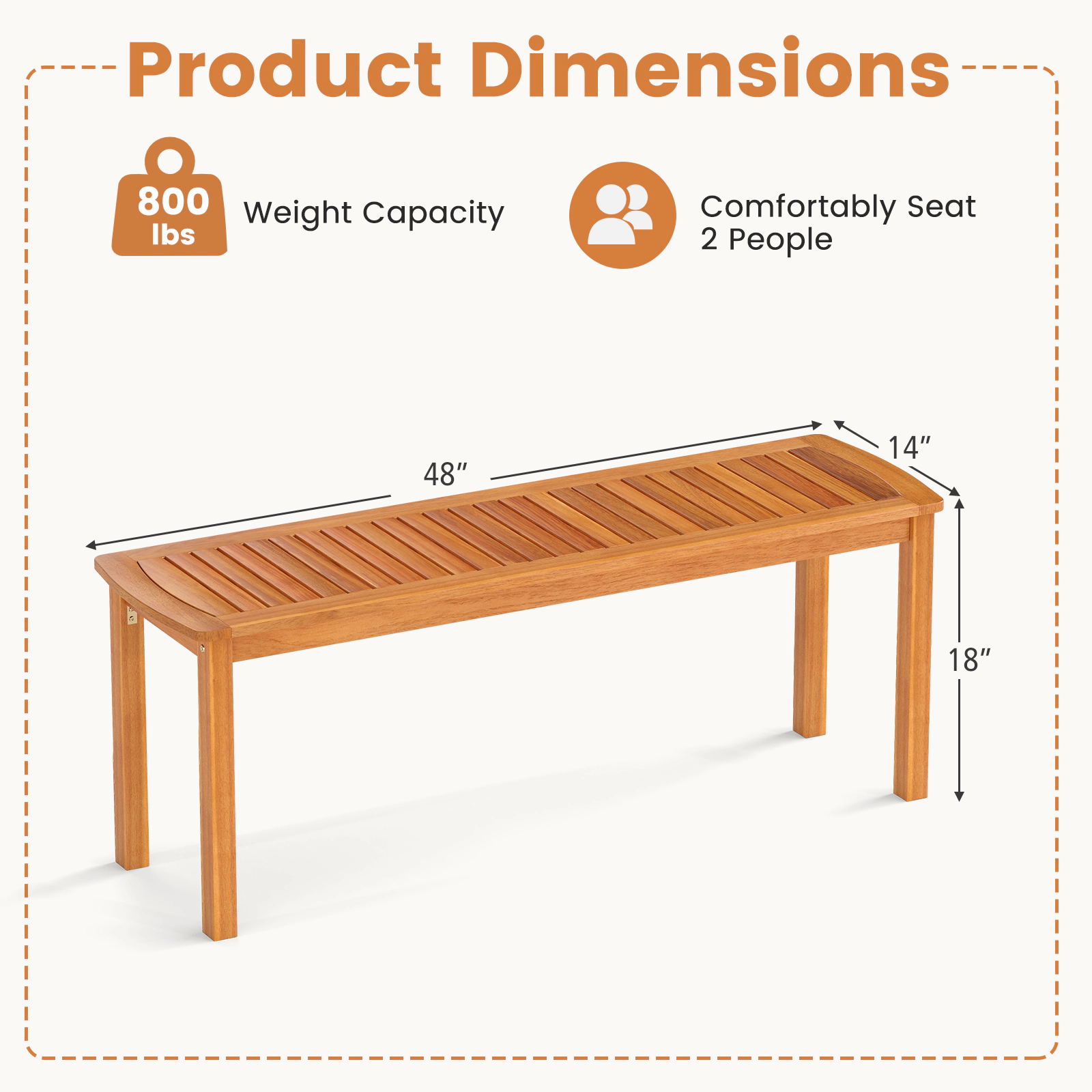 SUGIFT 48-in Acacia Wood Outdoor Bench Slatted Seat 800-lb Capacity 2-Person Garden & Entryway Seating Natural 1-Piece