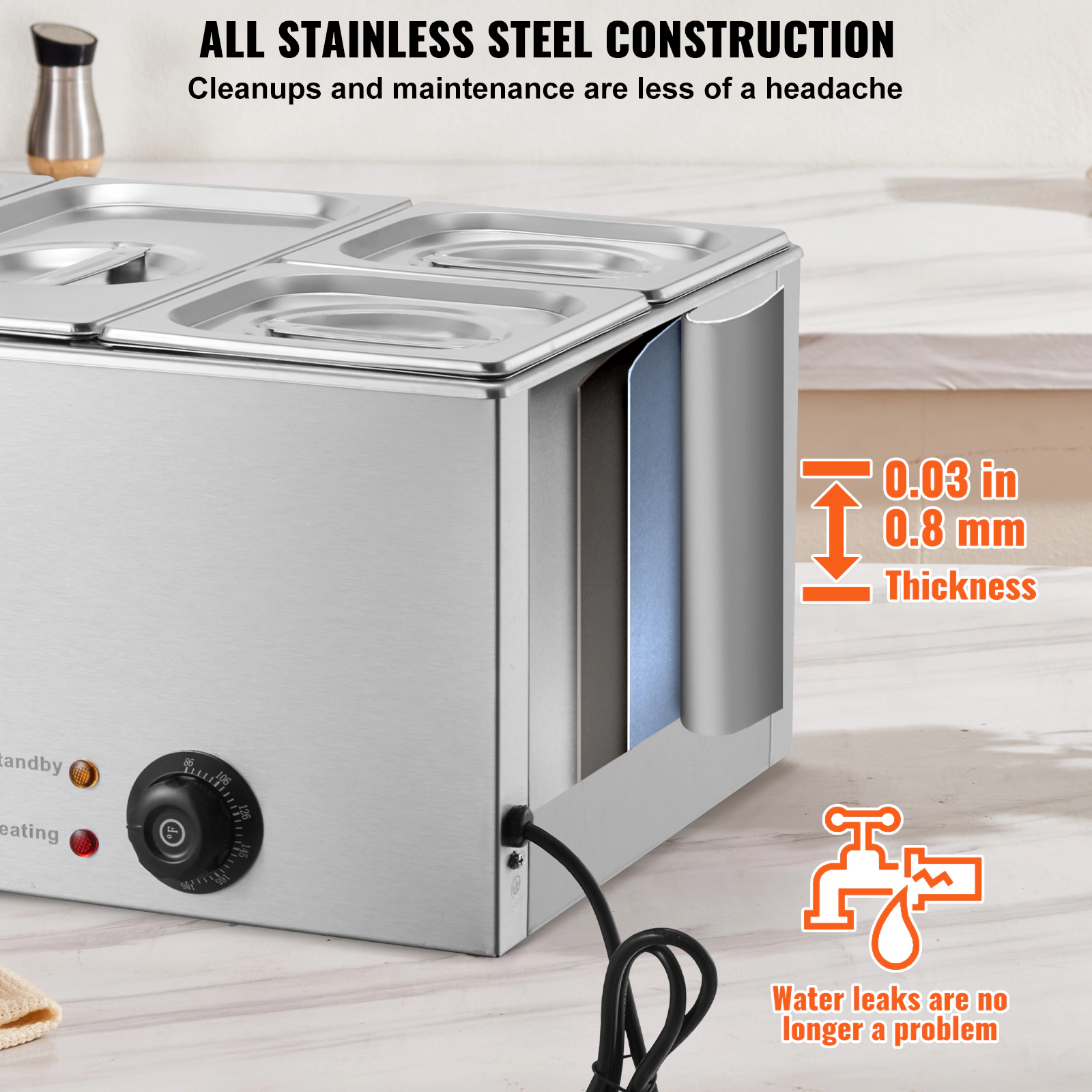 HONGGE 24QT Commercial Food Warmer Electric Steam Table 1200W Professional Countertop Stainless Steel Buffet Bain Marie