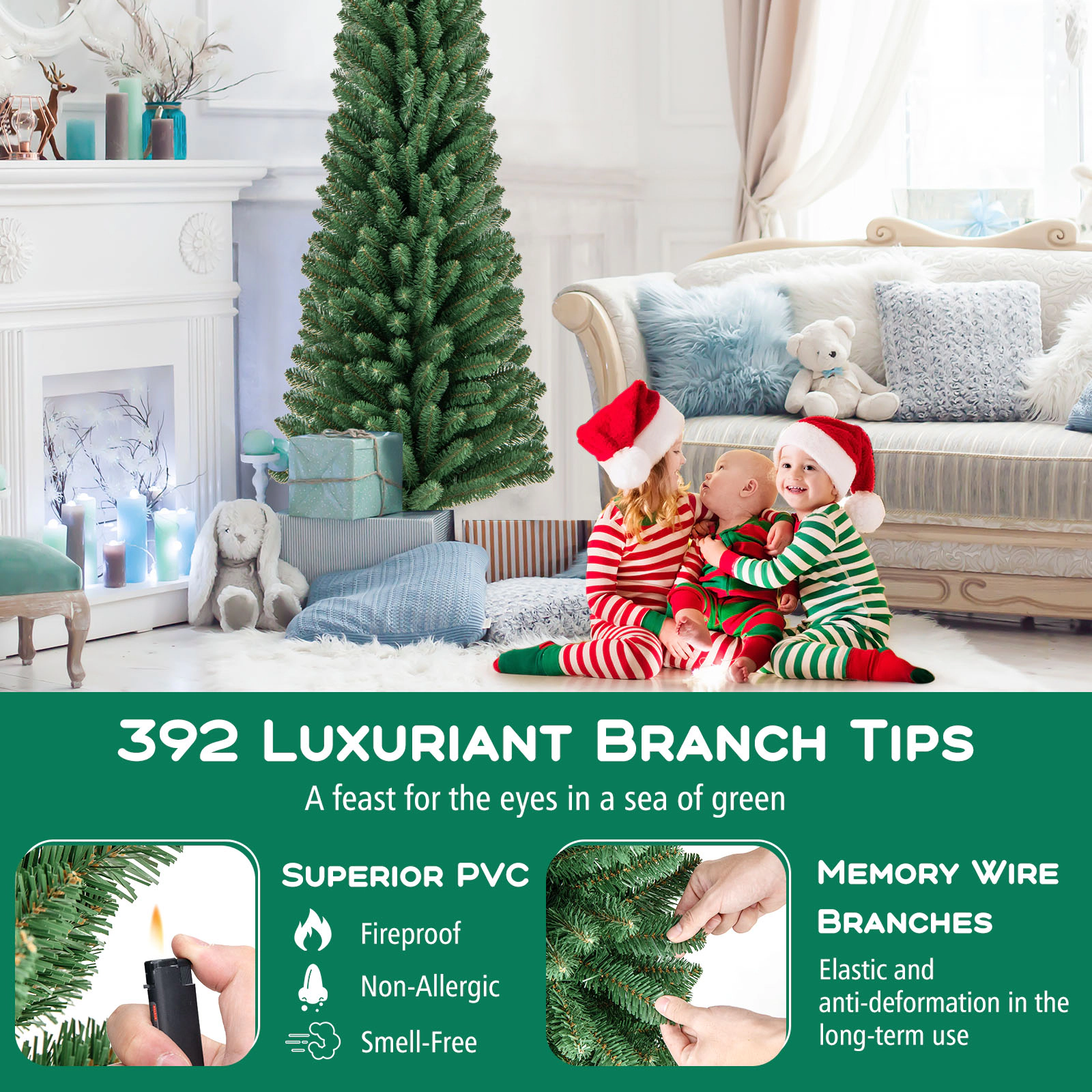 SUGIFT 6-ft Slim Pencil Artificial Christmas Tree, 392 Memory Wire Tips, Metal Stand