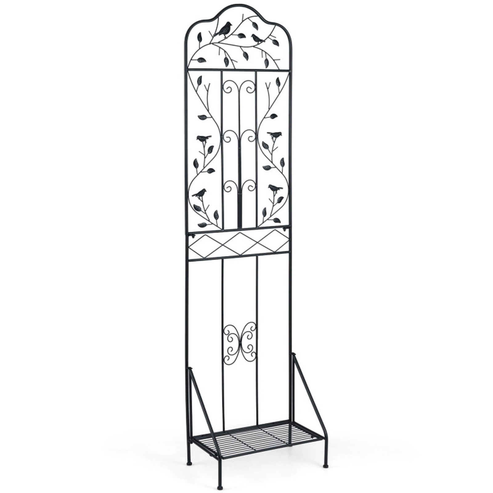 SUGIFT 75 x 20 in Outdoor Metal Garden Trellis with Foldable Bottom Shelf 33-lb Shelf Capacity 9-lb Frame Black
