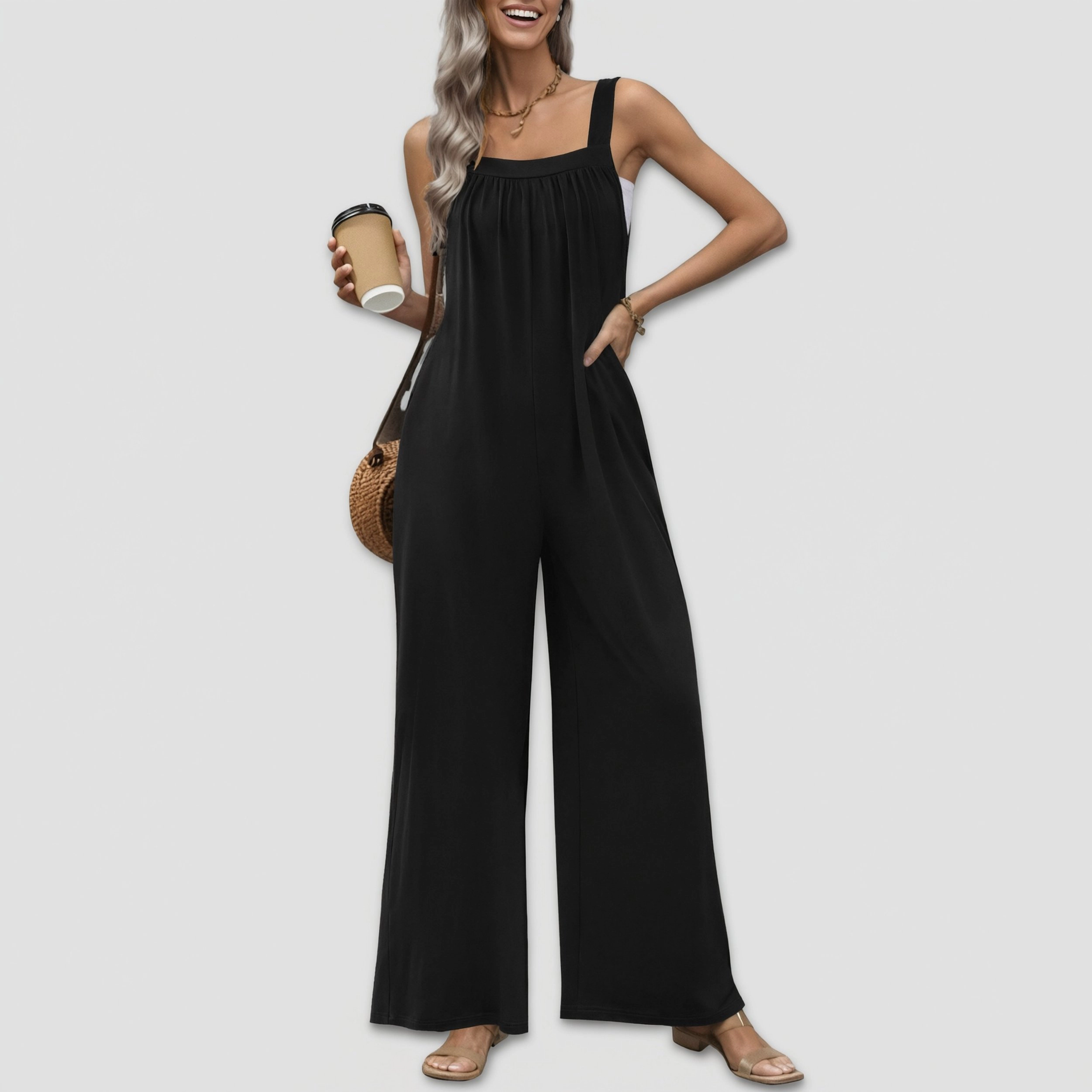 Ekouaer Women's Spaghetti Strap Floral Wide Leg Jumpsuit with Pockets