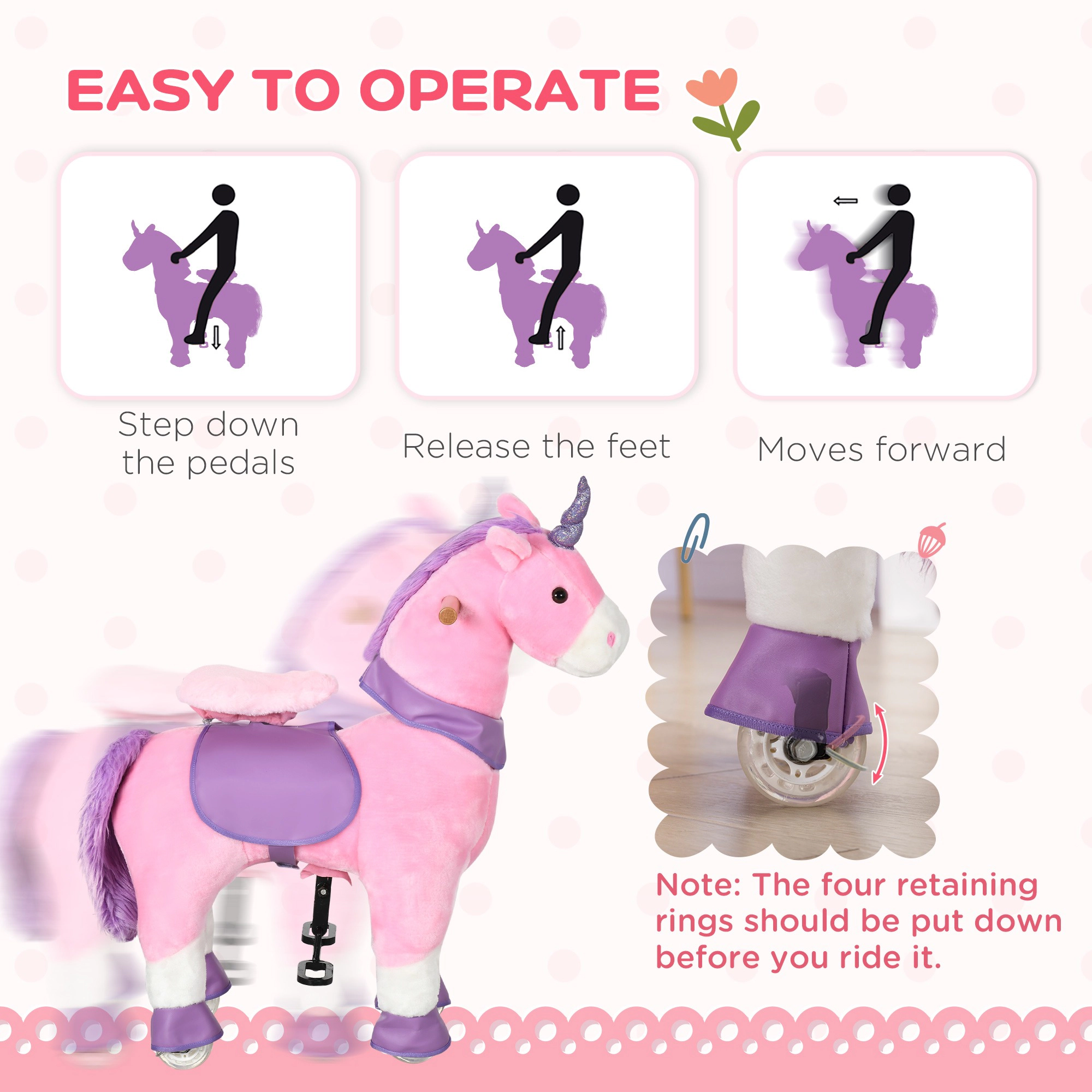 HONGGE Pink Plush Ride-On Unicorn Toy with Sparkly Horn, Padded Seat and Pedal Wheels for Kids Ages 3-6