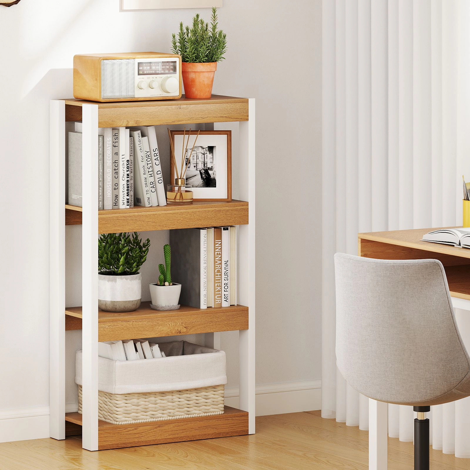 SlickBlue 4 Tier Bookshelf with Wooden Shelves and Anti-Tip Safety Kits