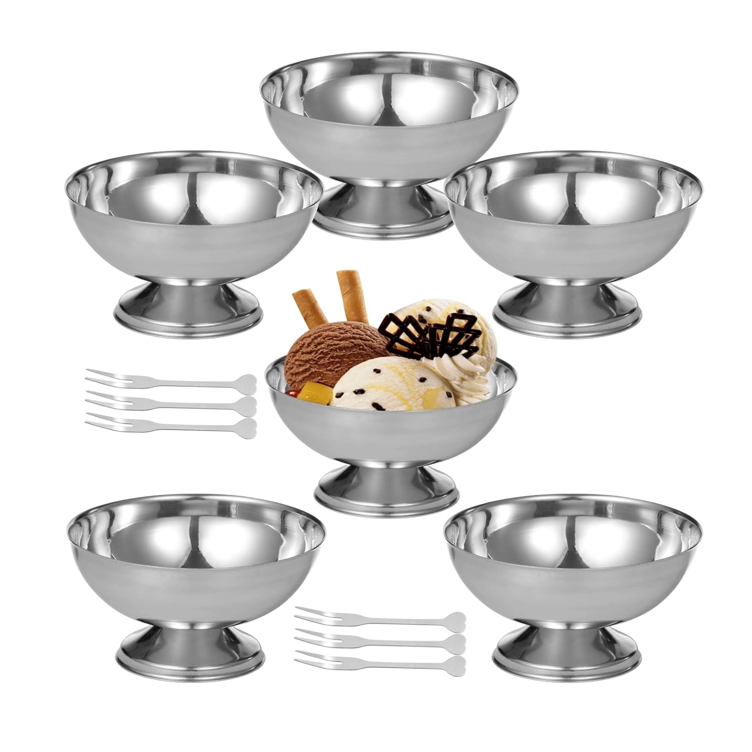 Stock Preferred Silver Stainless Steel Ice Cream Dessert Bowl with Forks