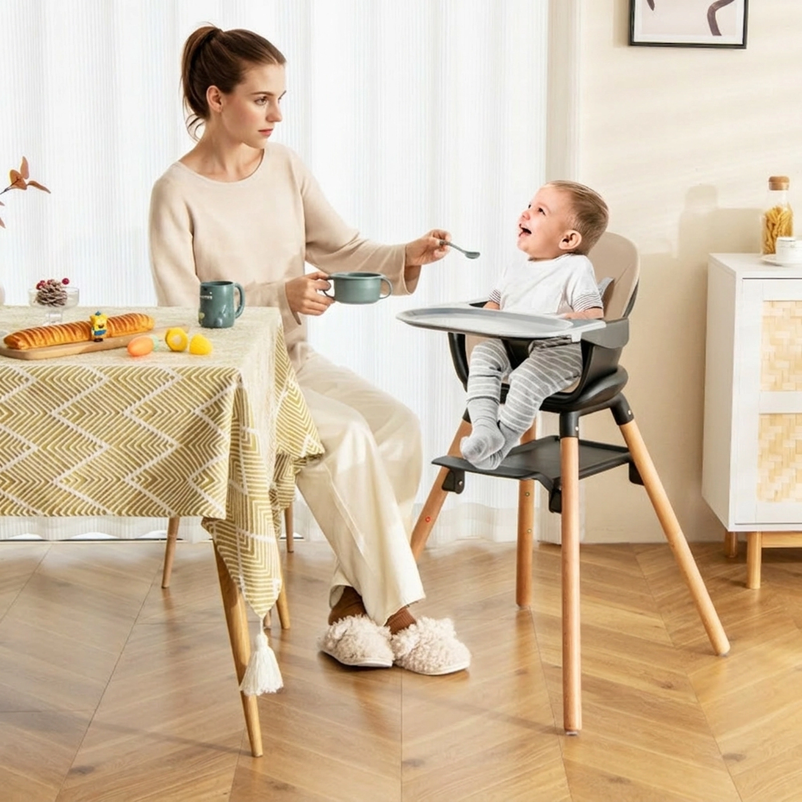 SUGIFT 6-in-1 Convertible Highchair with Safety Harness & Removable Tray 55-lb Capacity Ages 6 Months-6 Years Pink/White