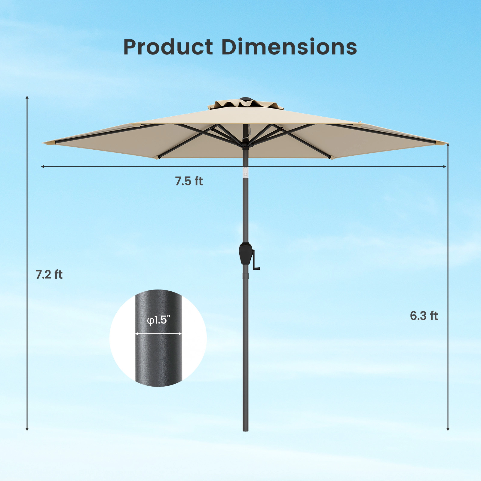 SUGIFT 7.5-ft Outdoor Heavy Duty Market Patio Umbrella with Crank Lift and Push Button Tilt 7.2-ft Tall Beige