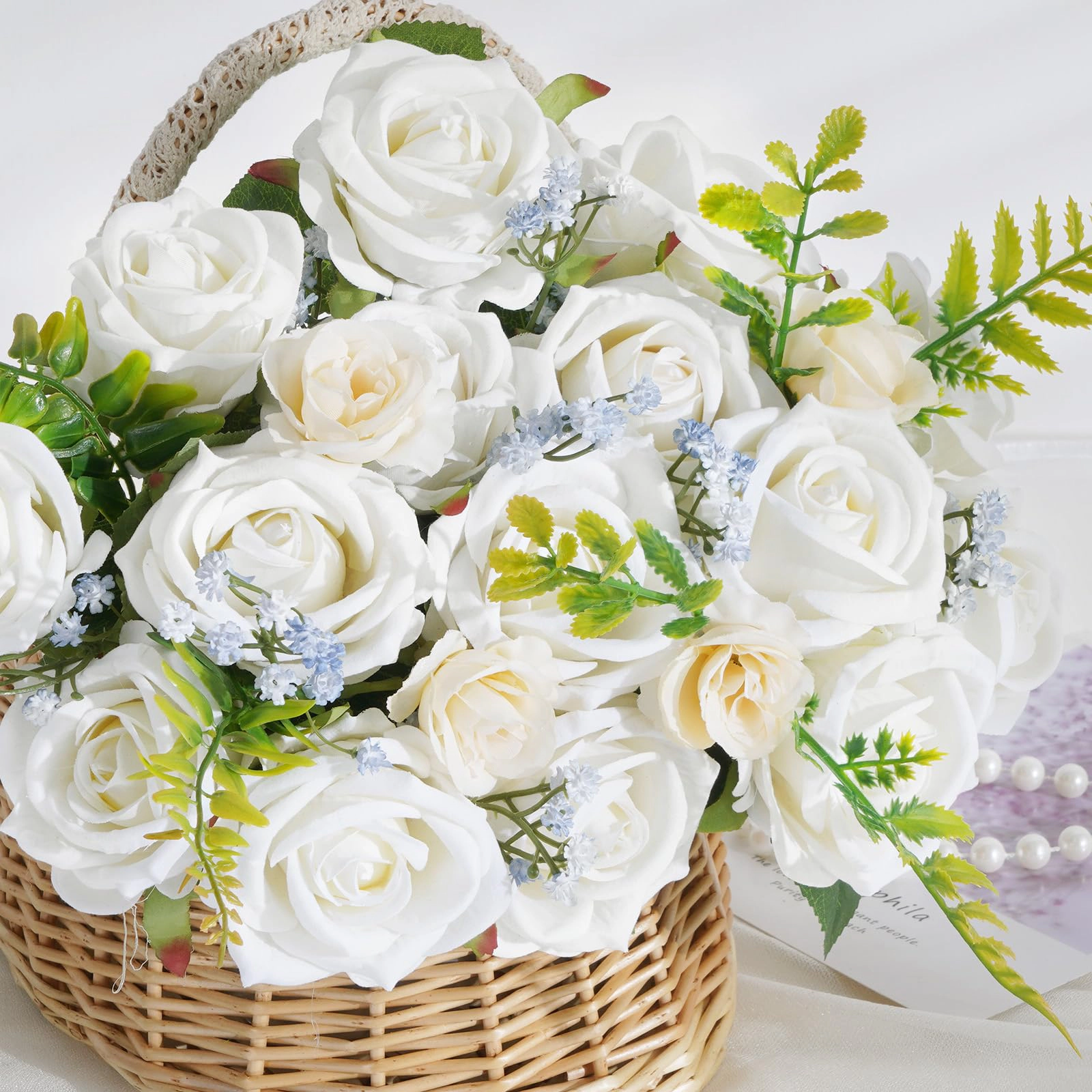 PUPWE 50White Roses Artificial Flowers  Real Touch Bouquet