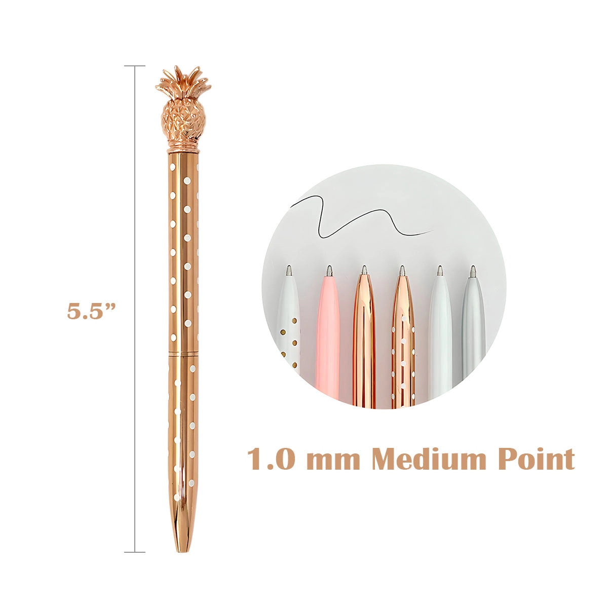 Wrapables Pineapple Ballpoint Pens, 1.0mm Medium Point Retractable Metal Pens, 6 Pens and 6 Refills