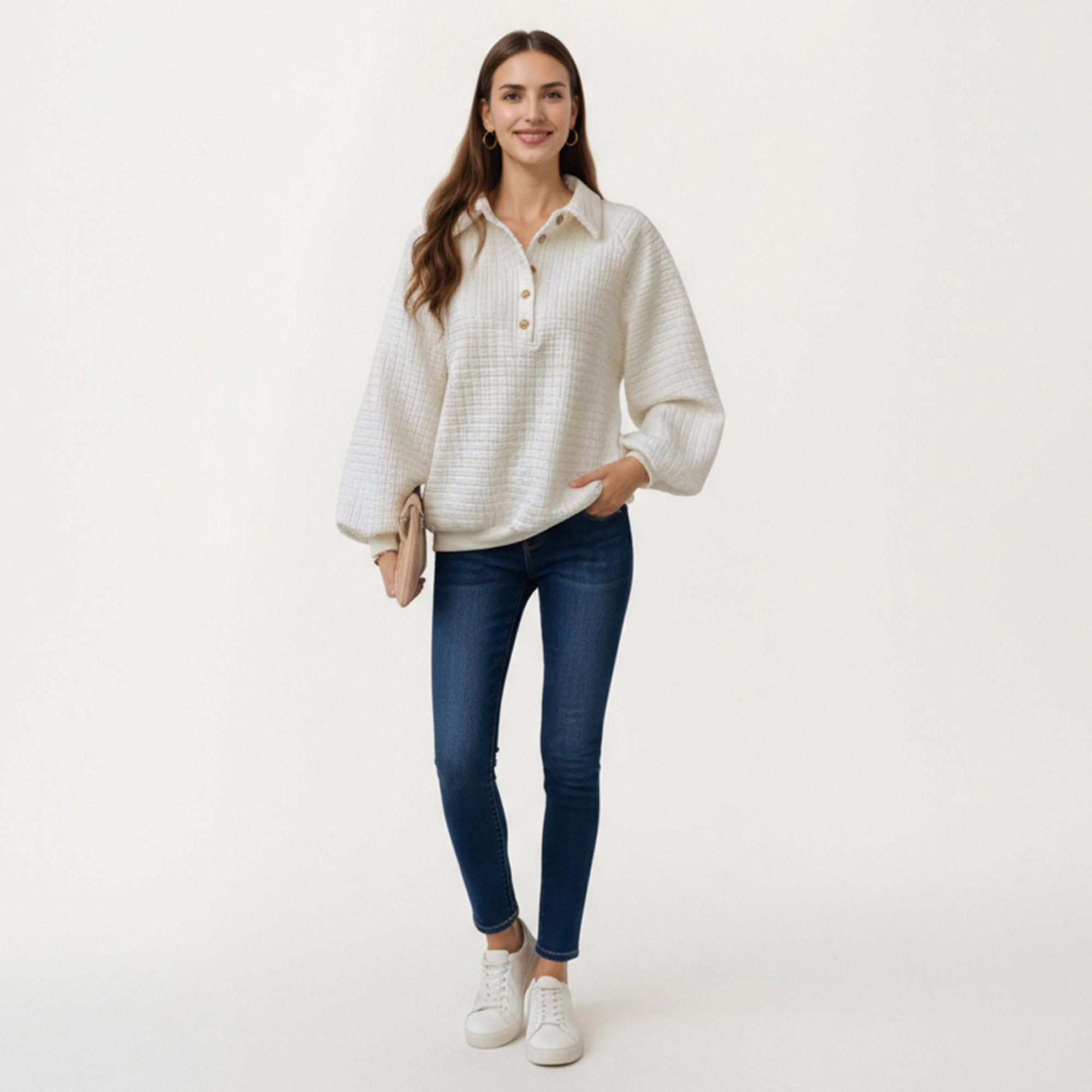 Anna-Kaci Women's Long Sleeve Button Front Textured Waffle Knit Pullover with Collar