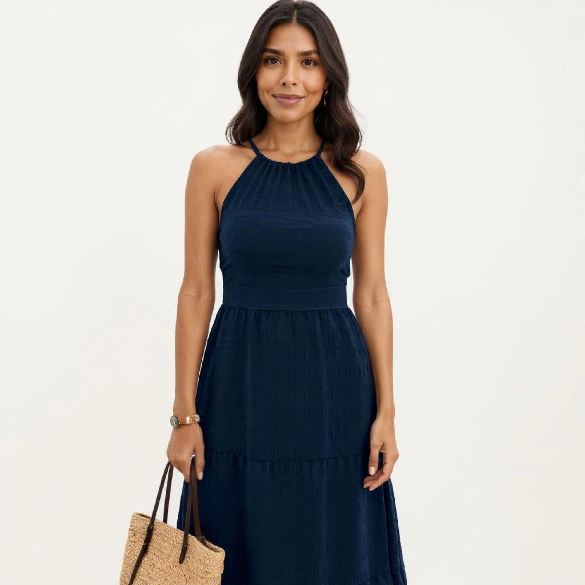 Anna-Kaci Women's Sleeveless Halter Neck Tiered Skirt Fit Lightweight Midi Dress