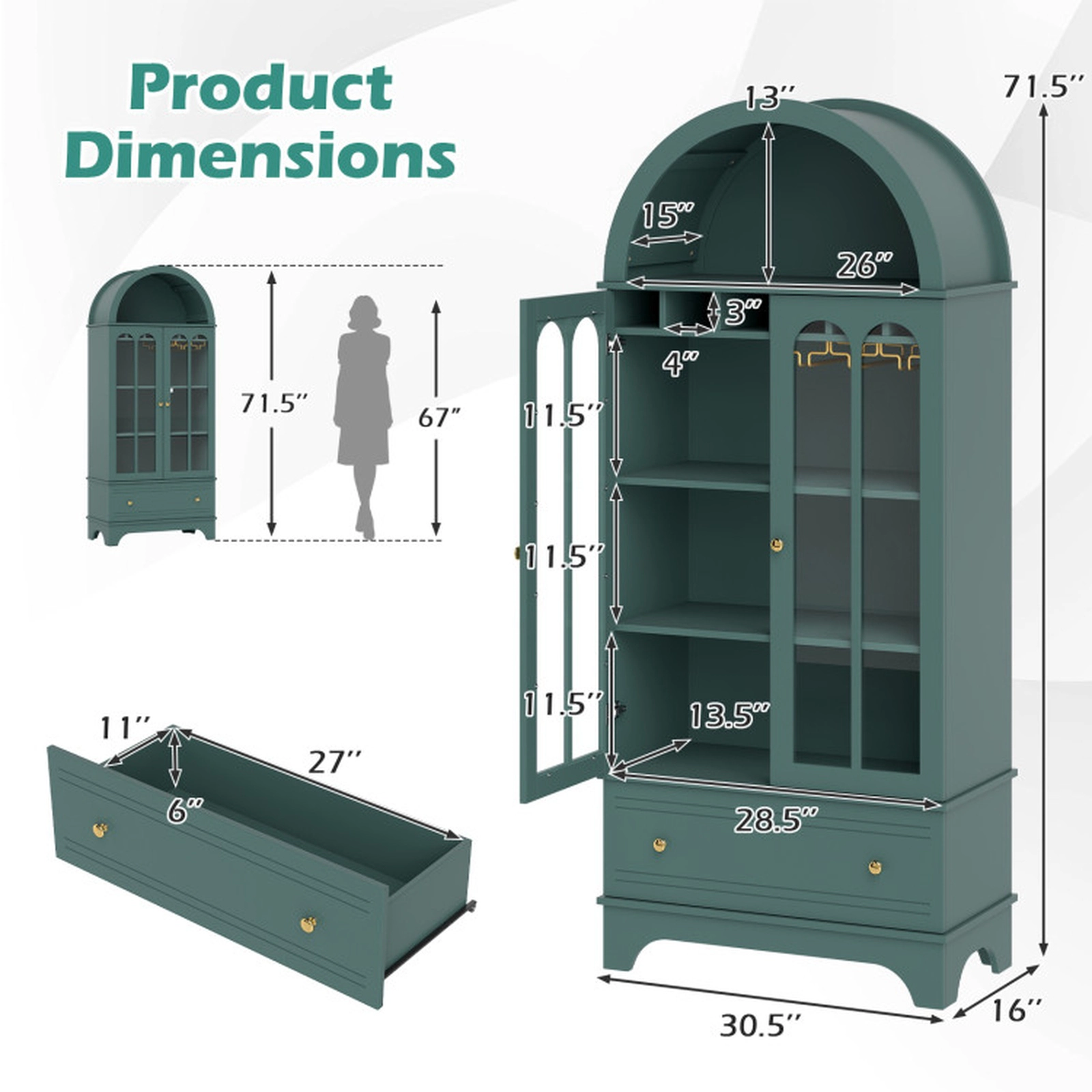 SUGIFT 71.5-in Arched Glass Doors 5-Tier Storage 6-Bottle Rack 3 Stemware Rails Wine Cabinet 30.5-in x 16-in Green