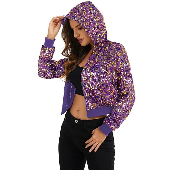 Anna-Kaci Women's Sequin Zip-Up Hooded Jacket with Ribbed Hem and Long Sleeves