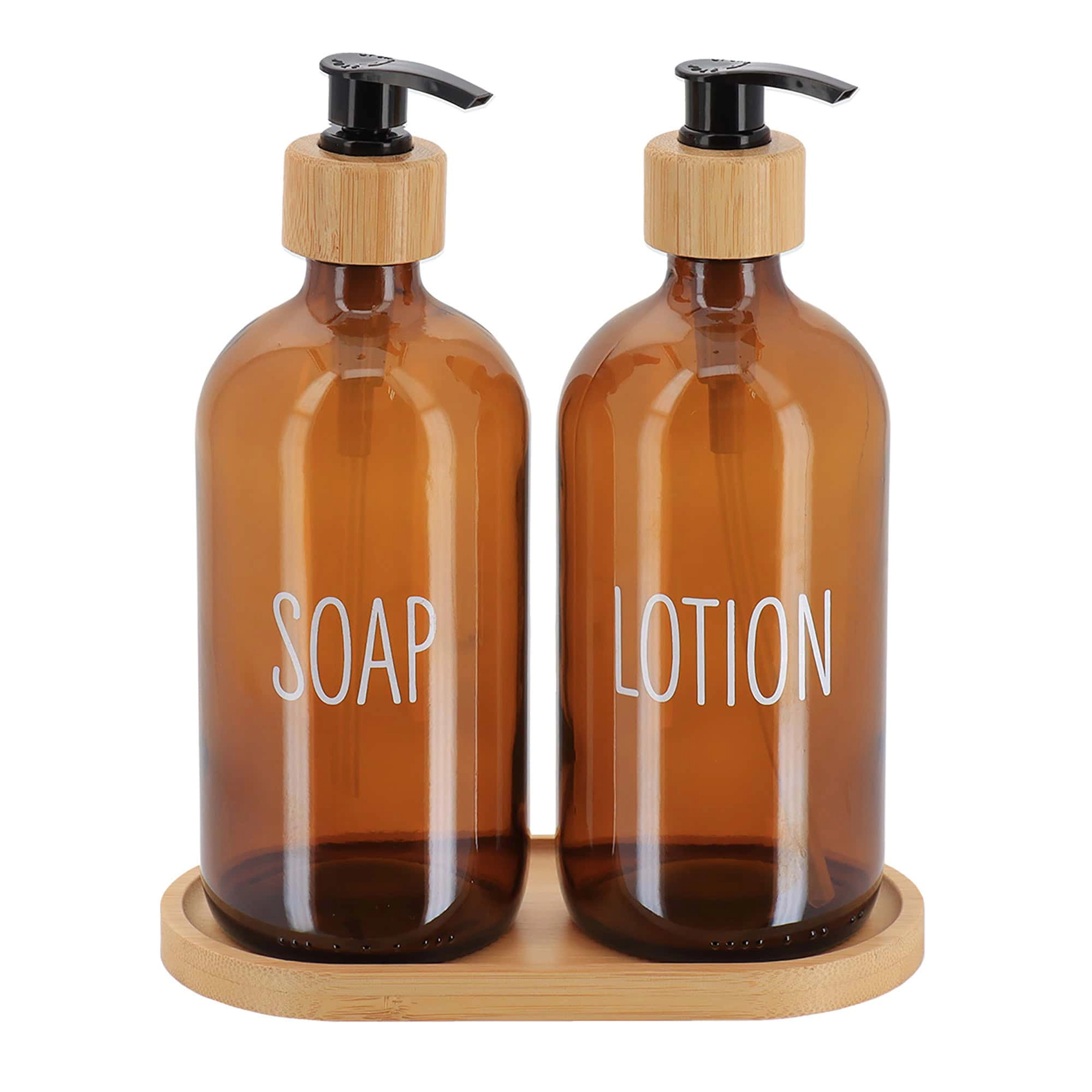 Evideco French Home Goods Amber Glass 17 oz Pump Bottle Set with Bamboo Tray