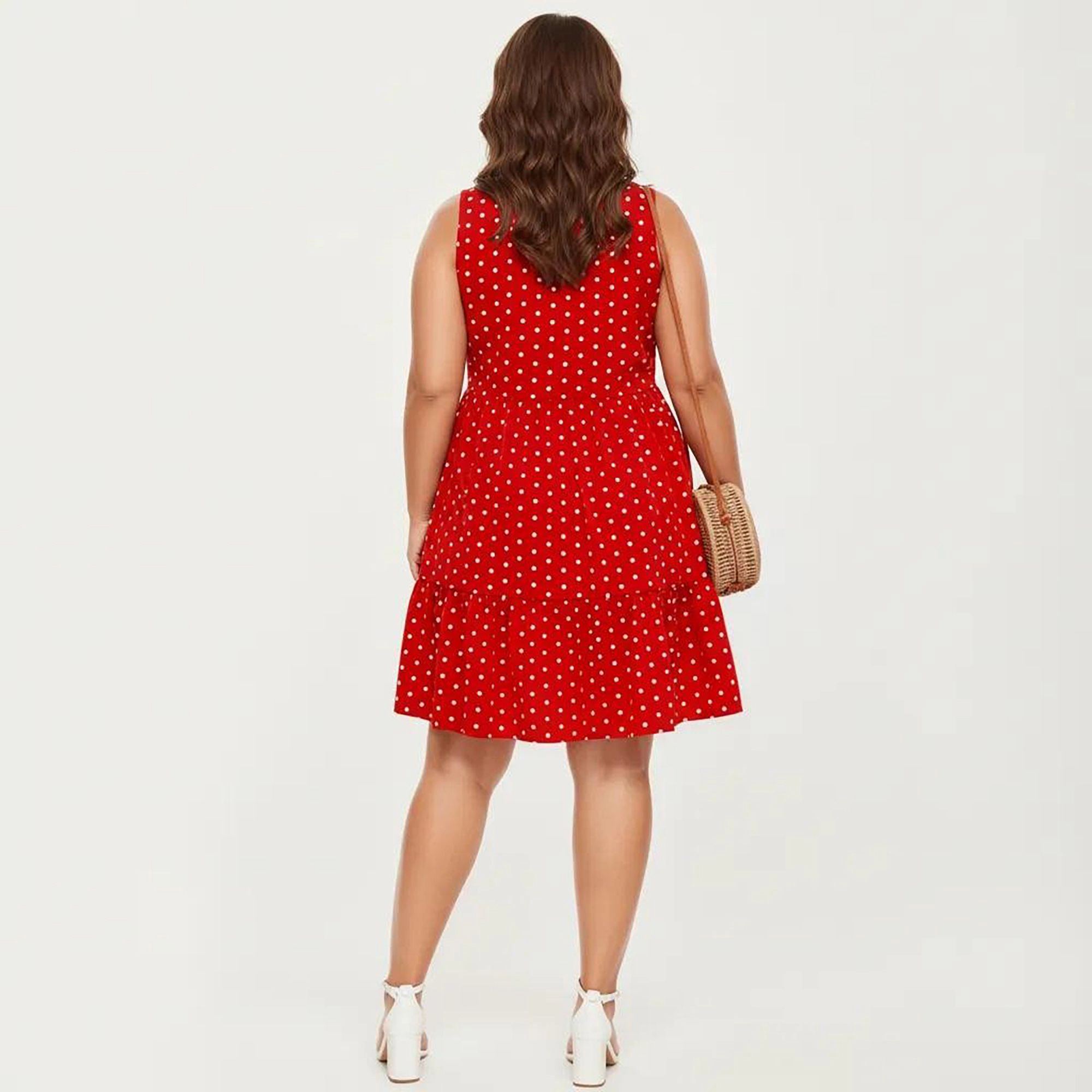Anna-Kaci Women's Plus Sleeveless Scoop Neck Polka Dot Print Tiered Skirt Flowy Babydoll Silhouette Dress