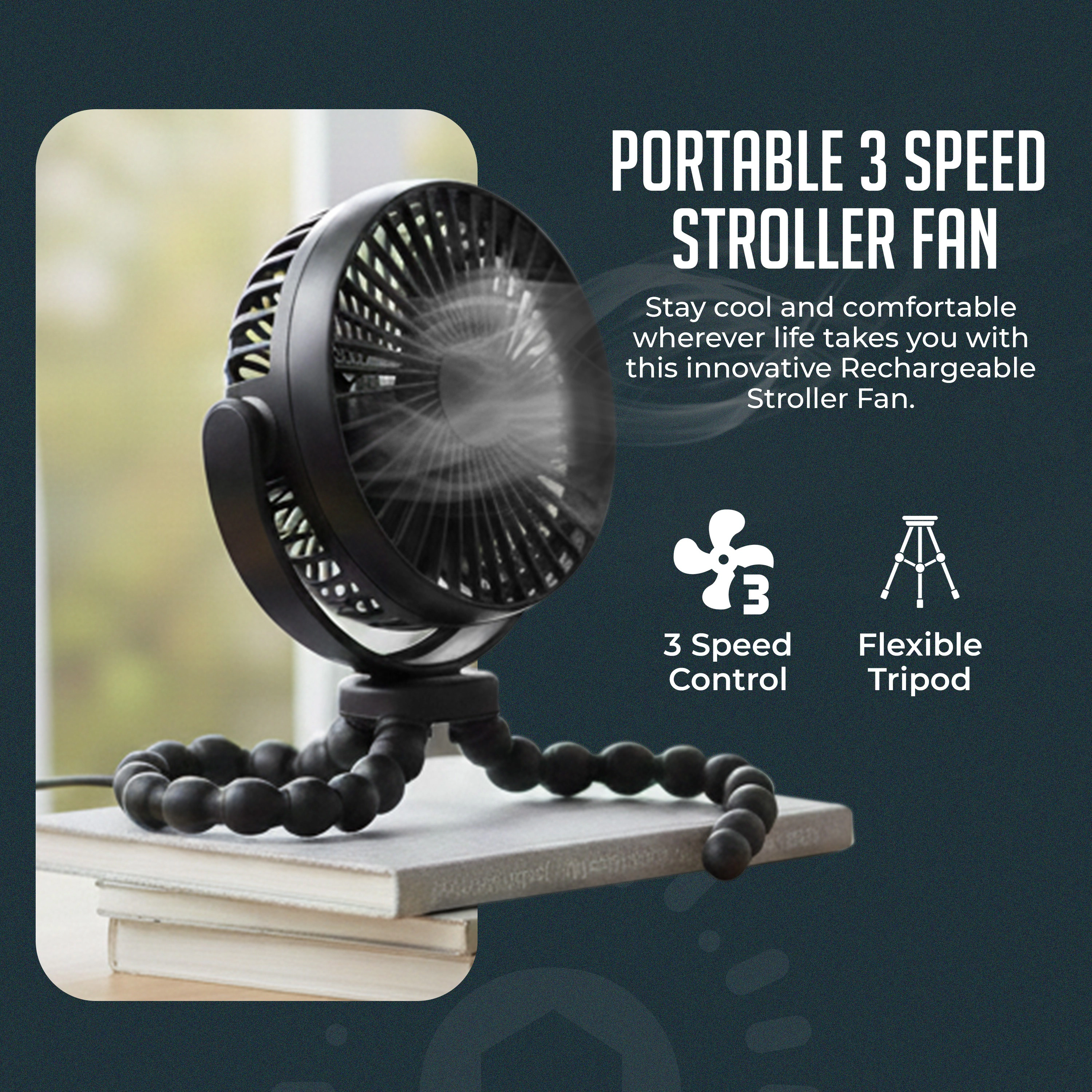 Luminuxe Portable Stroller Fan 3 Speed Rechargeable Flexible Tripod Clip-On Fan w/ Rotatable Design, USB-C Wire Included