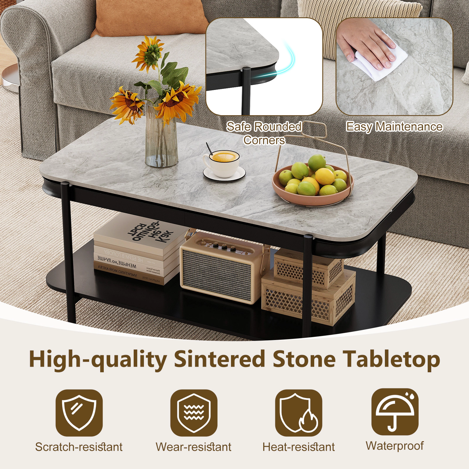 SUGIFT 2-Tier Sintered Stone Top Black Metal Frame Modern Coffee Table 35.5-in x 19.5-in x 18-in 100-lb Capacity Gray