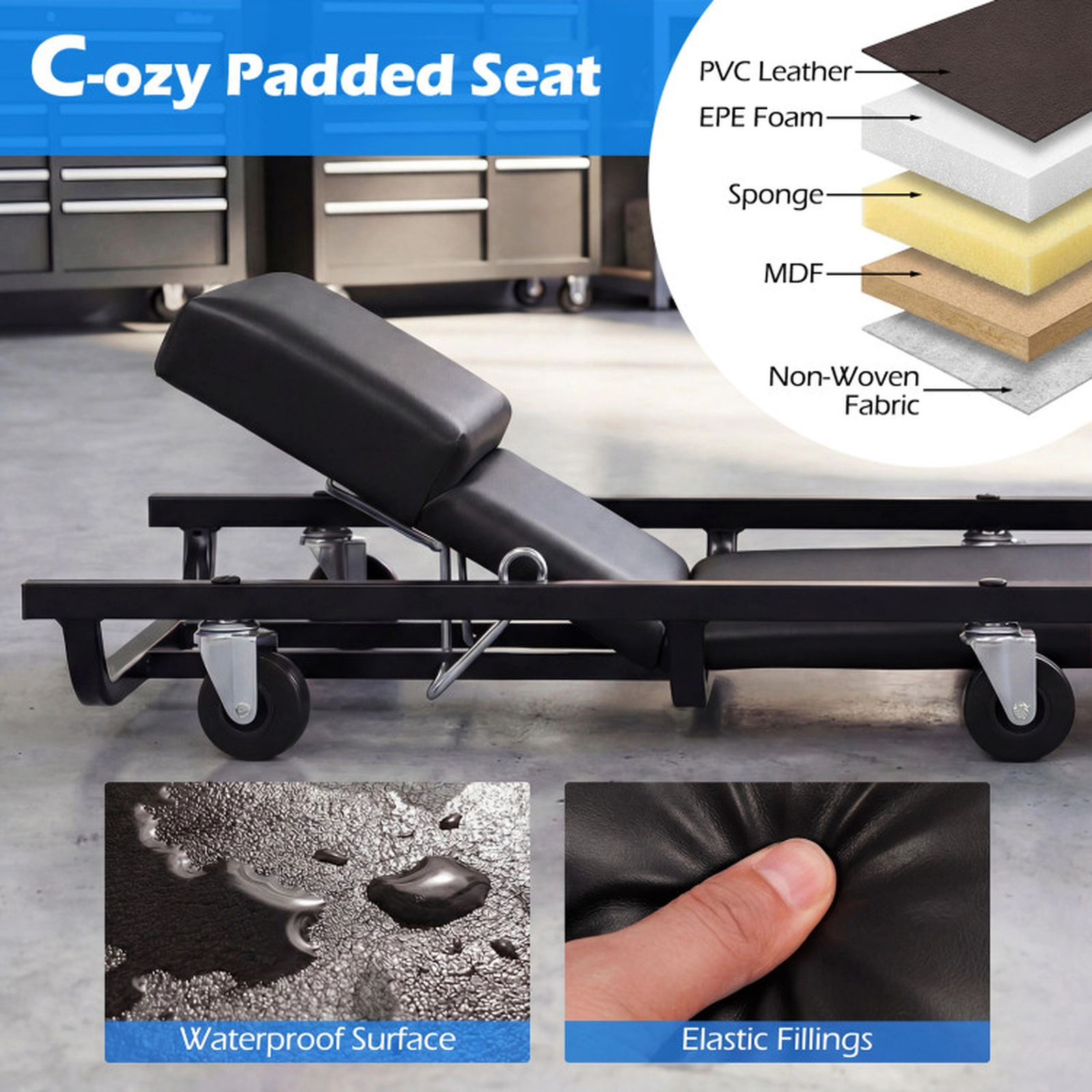 SUGIFT 4-Level Adjustable Backrest Headrest Rolling Mechanic Creeper 40-in x 17-in 250-lb Capacity 6 Casters Black