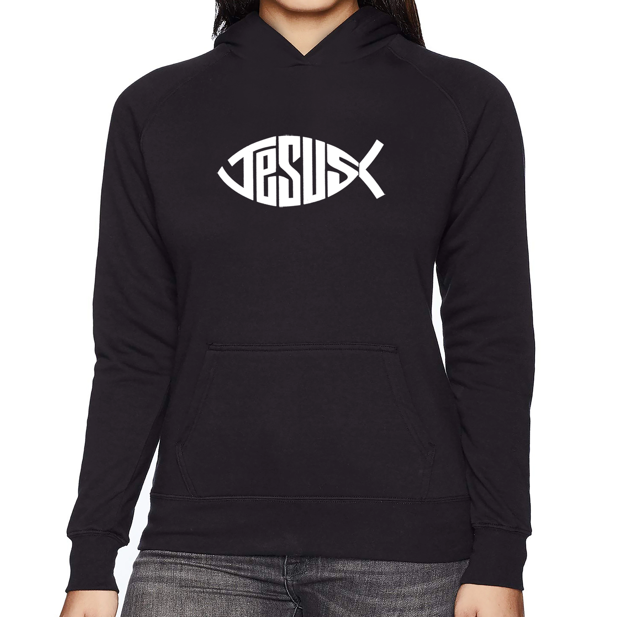 LA Pop Art Christian Jesus Name Fish Symbol - Women's Word Hooded Sweatshirt