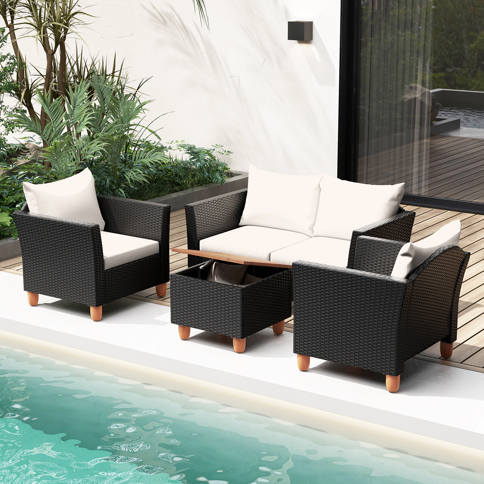 SUGIFT White Flip-Top Storage Coffee Table 4-Piece Outdoor Rattan Conversation Set
