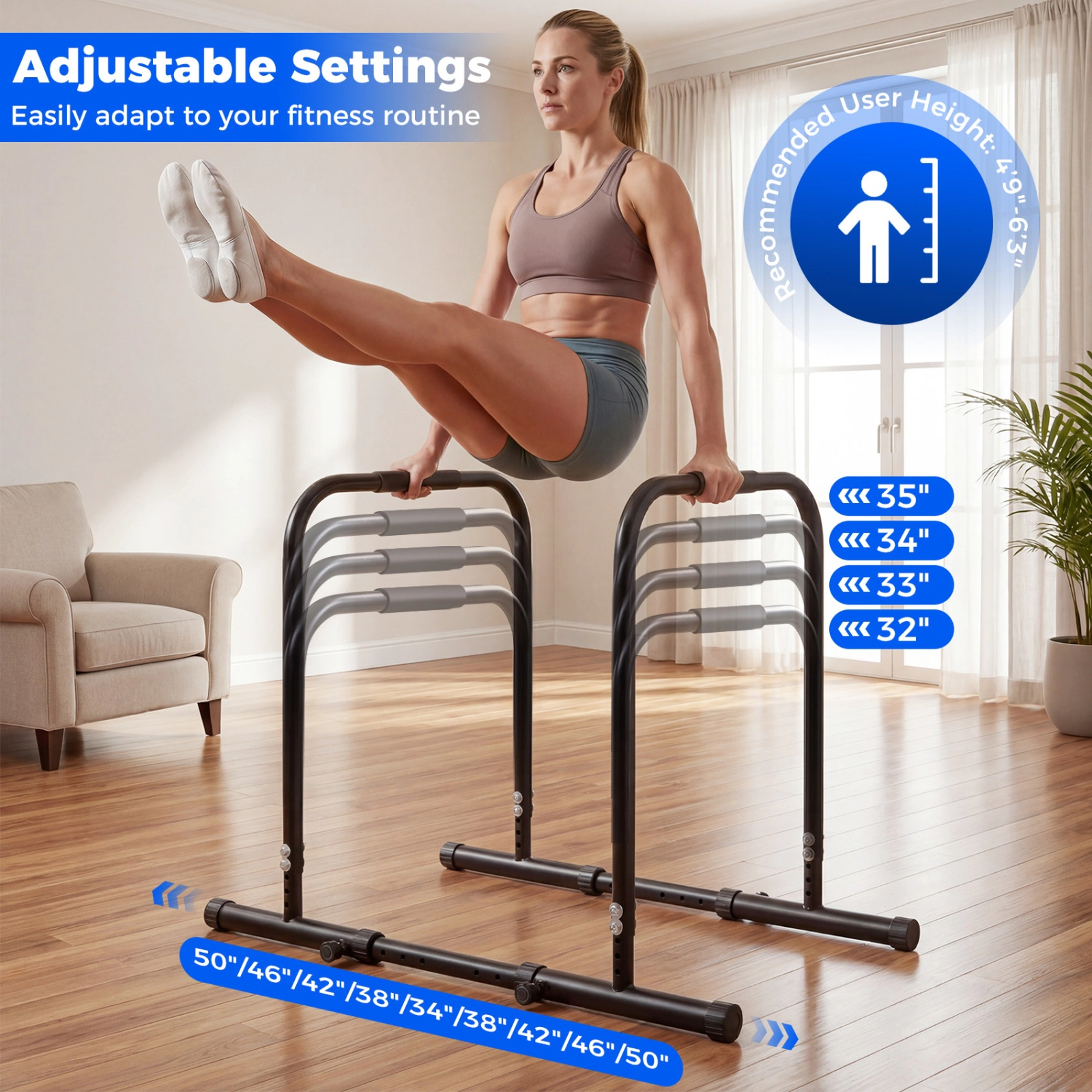 SUGIFT 330-lb Capacity 4-Level Height and 5-Width Adjustable Dip Bar Station with Foam Padded Handles