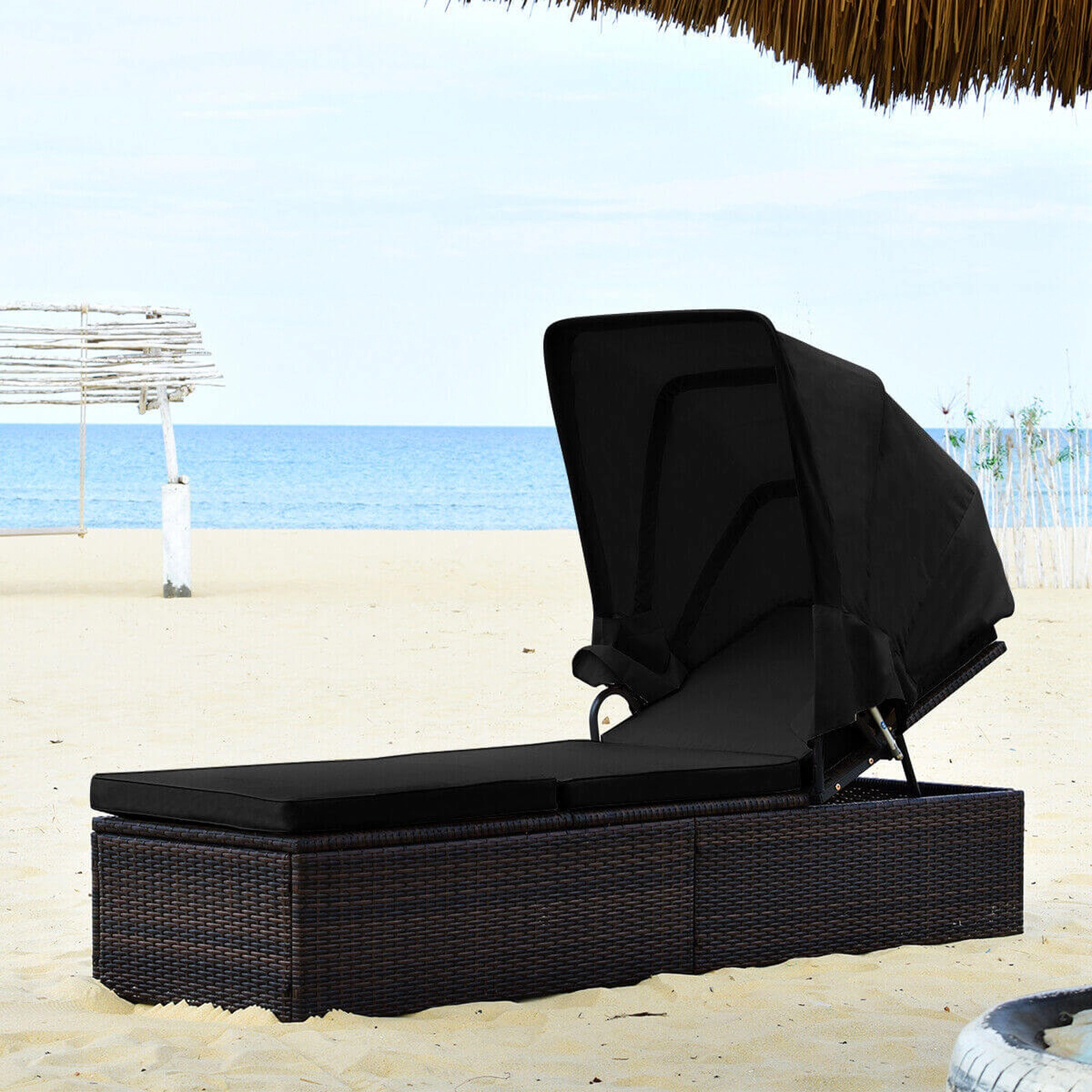 SUGIFT Outdoor Chaise Lounge Chair with Retractable Canopy, 5-Position Backrest, Black
