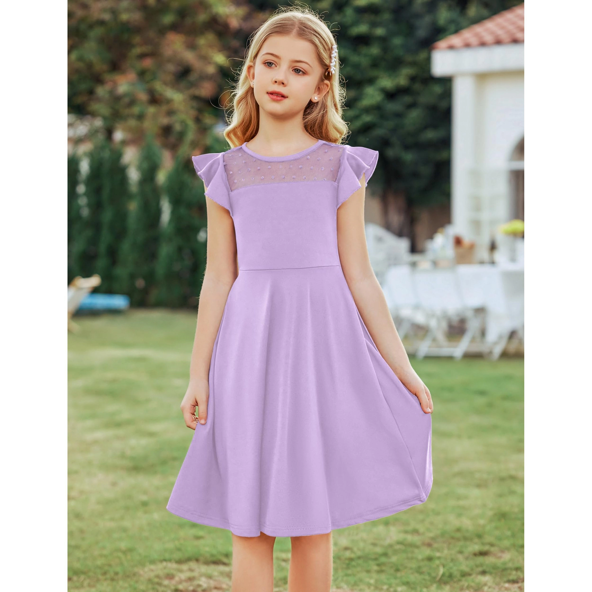 Arshiner Girls Summer Dress Ruffle Sleeve Mesh Formal Wedding Fancy Beach Midi Dresses